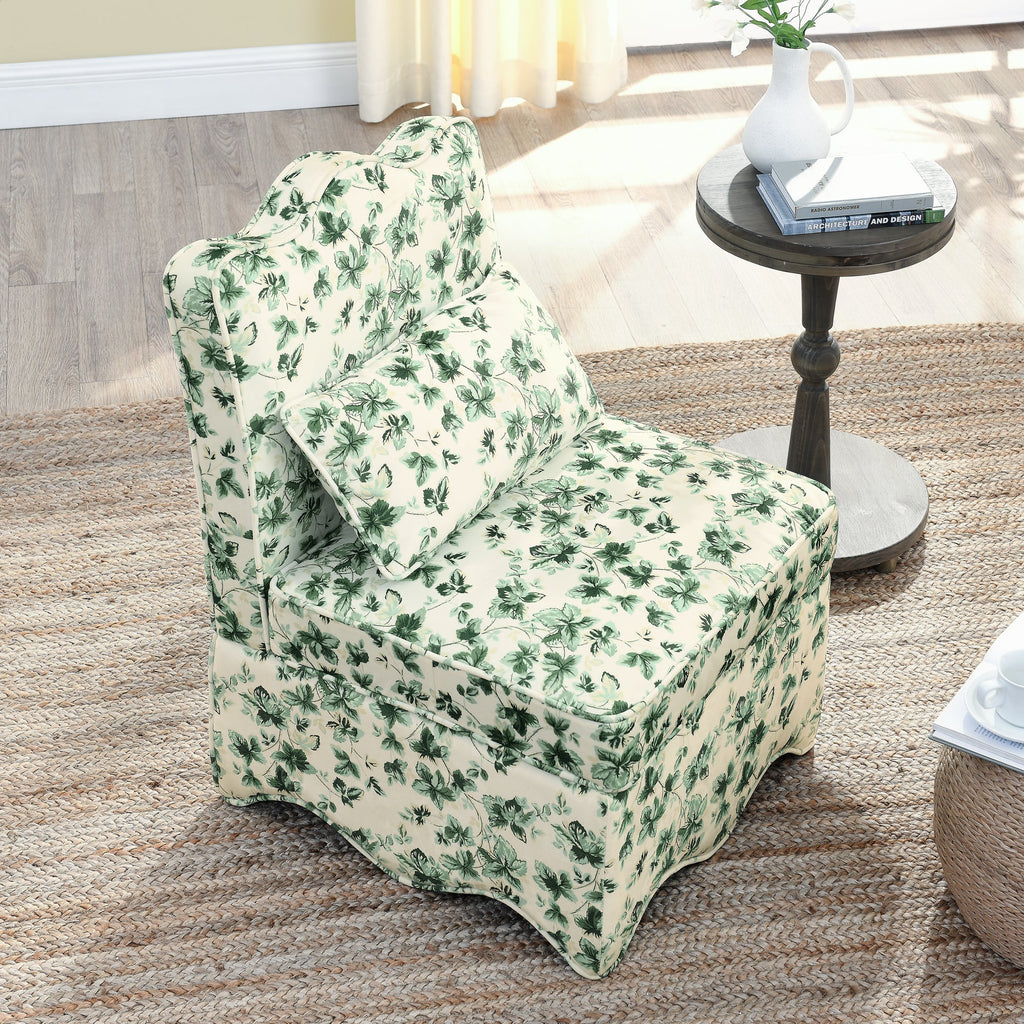Dining Chair Flannelette Floral Green Armless Wood Frame 25x26x35 In