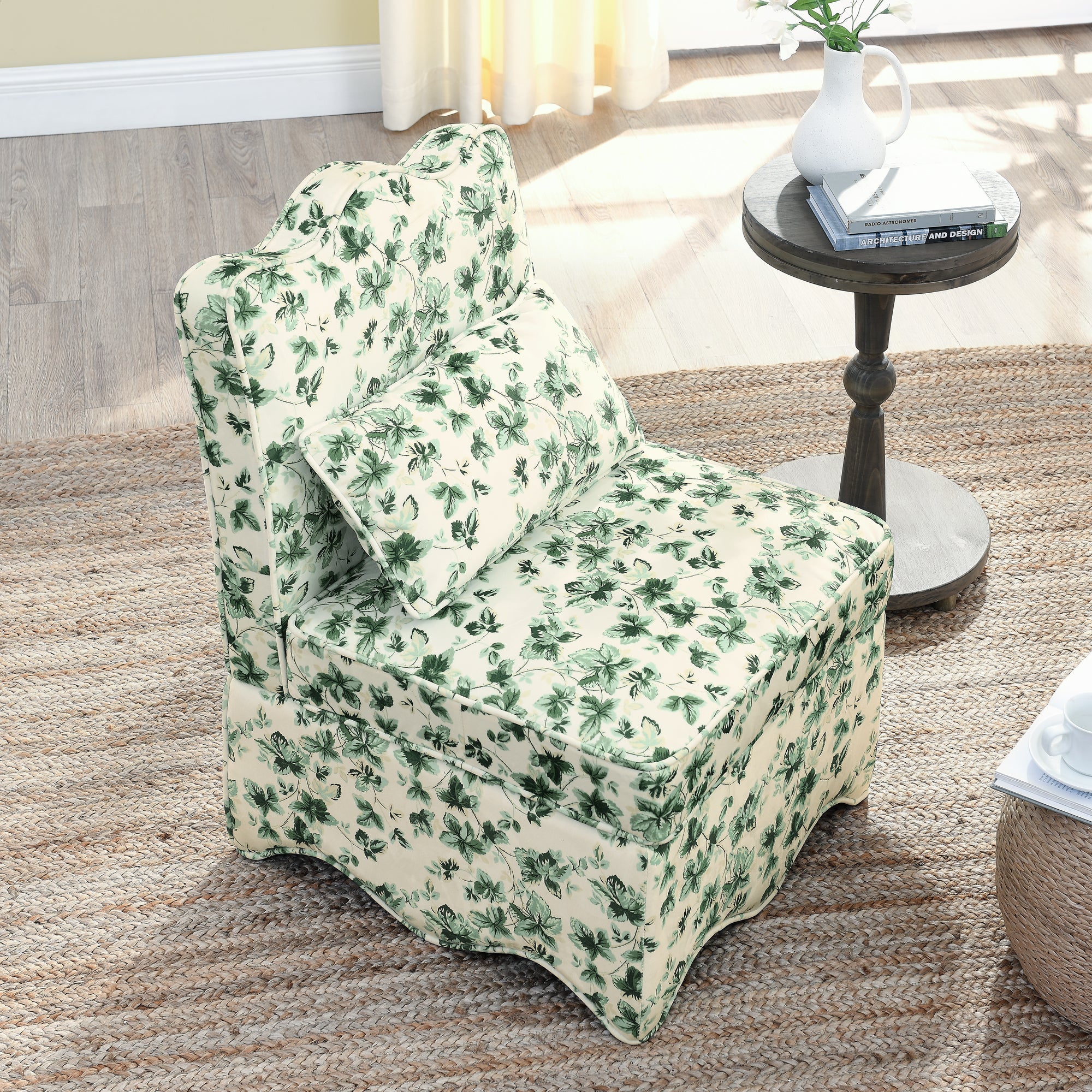 Dining Chair Flannelette Floral Green Armless Wood Frame 25x26x35 In