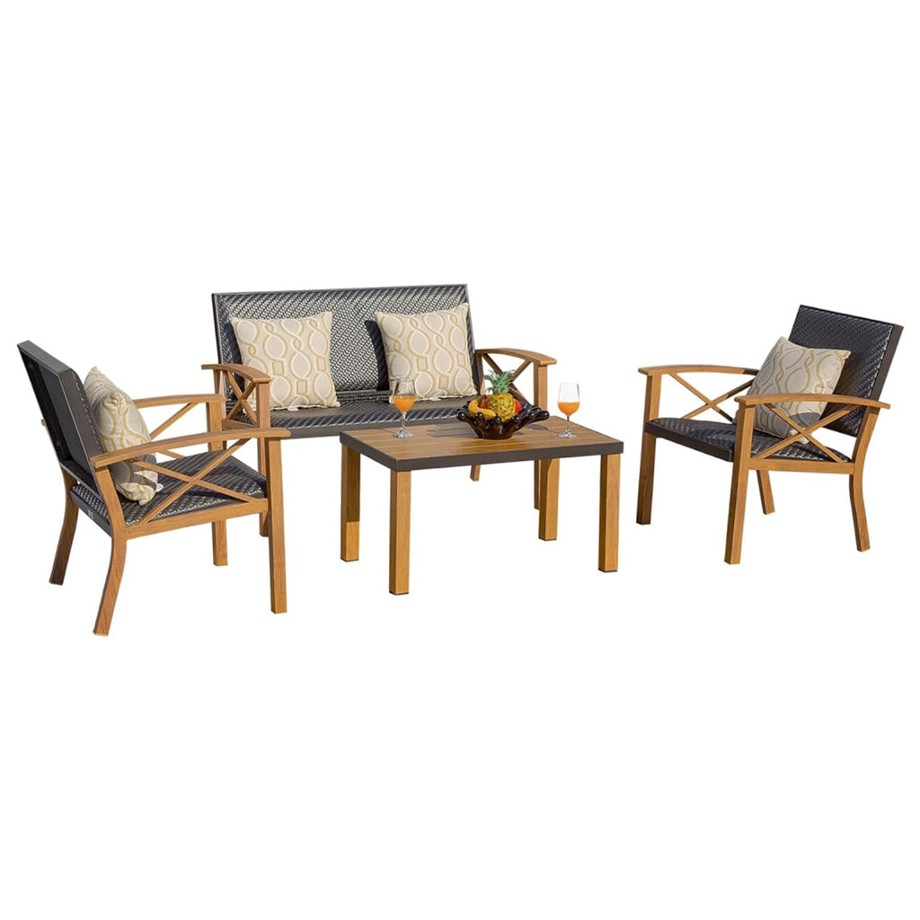 Outdoor Conversation Set Aluminum Woodgrain 4 Piece Sofa 2 Chairs Table