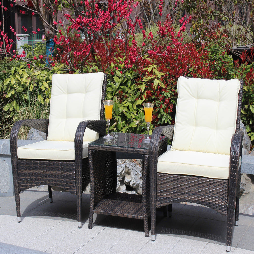 Outdoor Conversation Set PE Rattan Steel Brown Beige Cushion 3 Piece