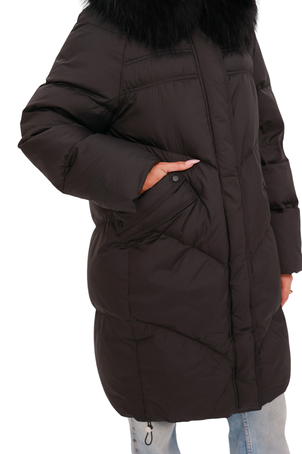 Nellie Genuine Fur Trim Down Fill Coat in Black