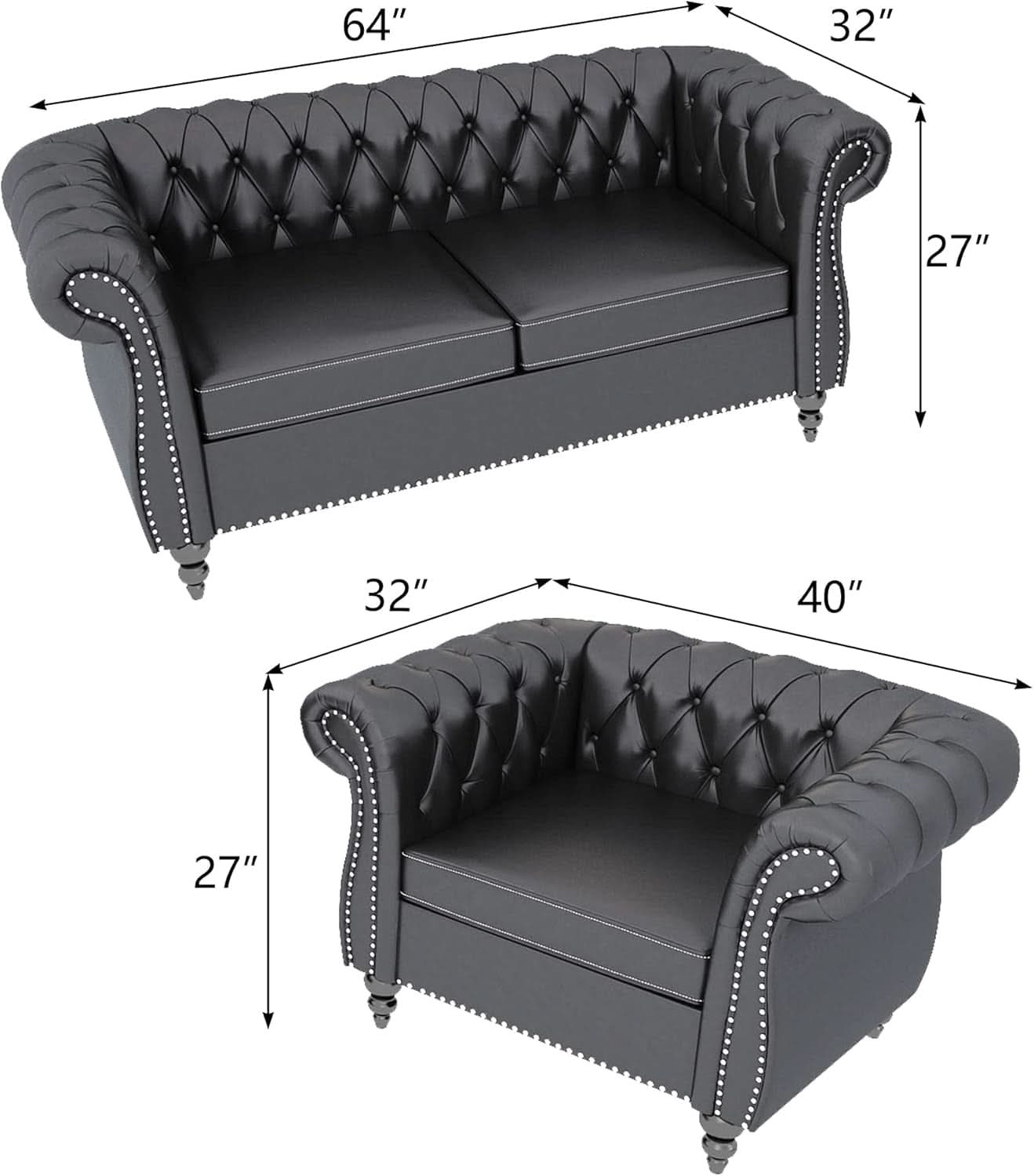 Sectional PU Leather Modular Sofa Couches, Black Tufted Cushions