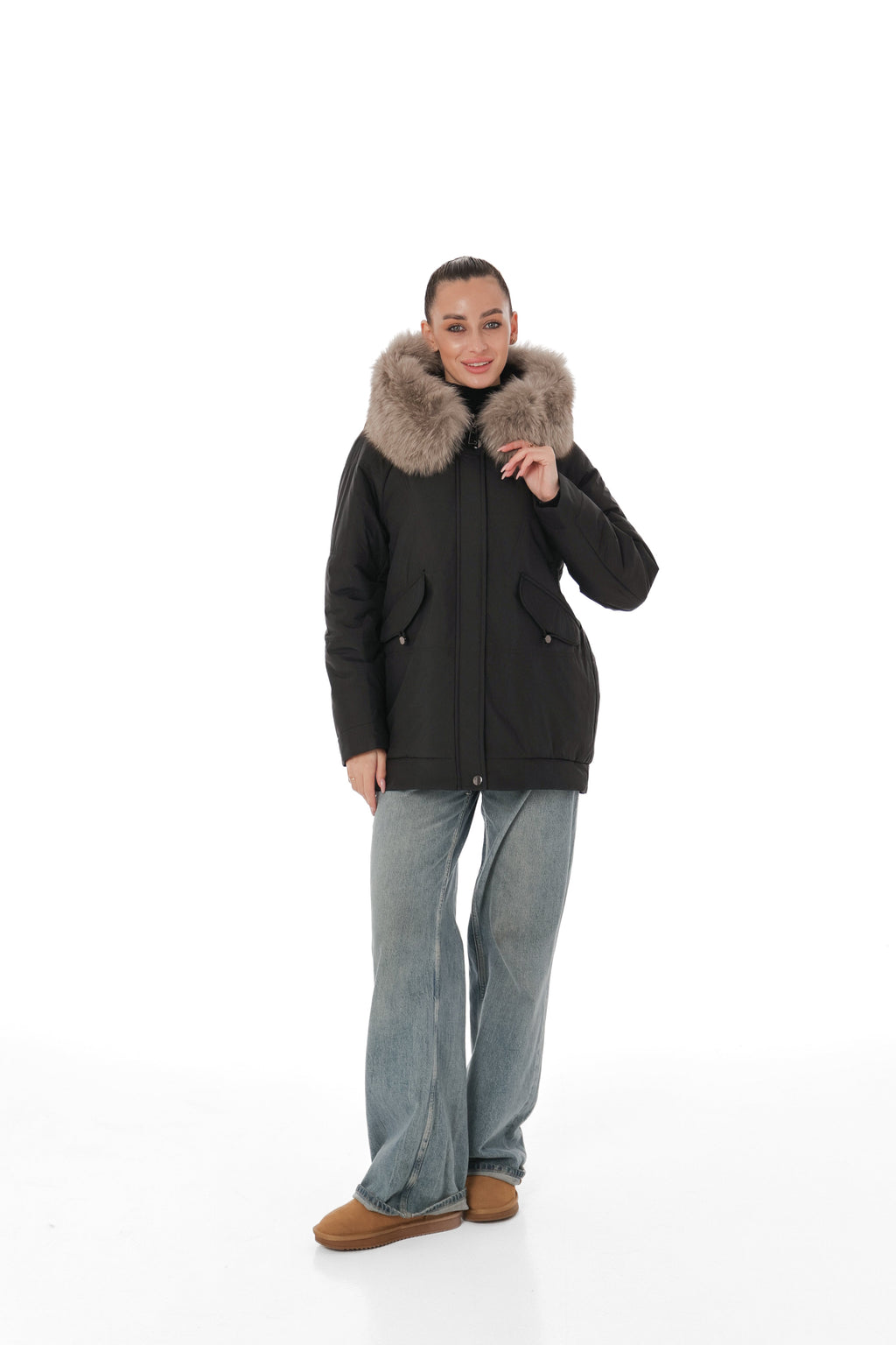 Genuine Polar Fox Camel Wool Blend Coat