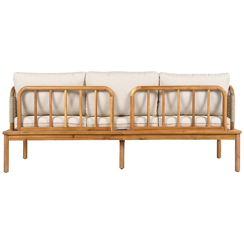 Outdoor Sofa Set Acacia Wood Rope 4 Piece Teak Beige