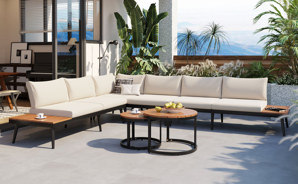 Outdoor Sectional Set Acacia Wood Steel Beige Cushion 6 Piece Seats 5