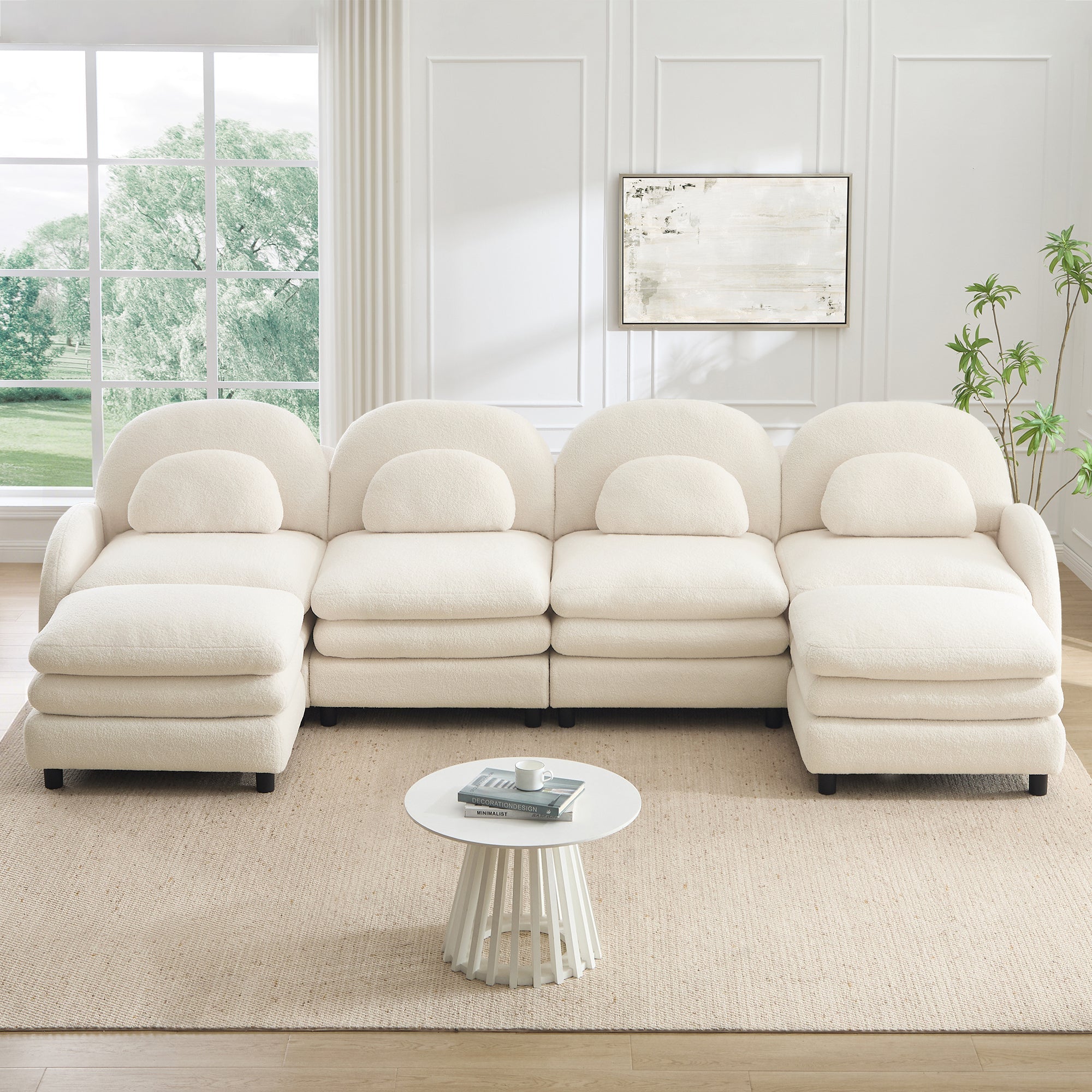 Sectional Sofa Modular Teddy Fleece Beige 4 Seat Curved Back with Ottomans