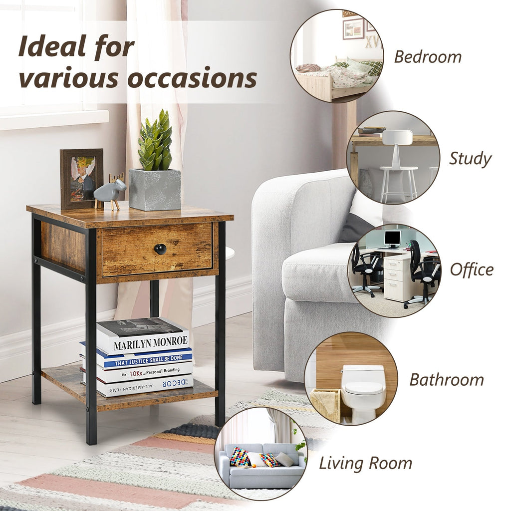 Industrial End Side Table Nightstand with Drawer Shelf