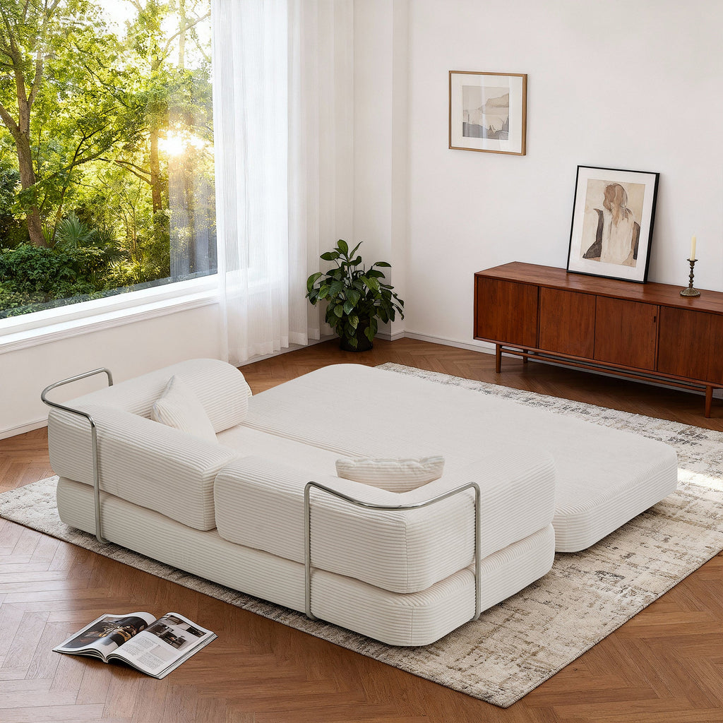 Sofa Floor Low Profile 5-in-1 Corduroy Cream Sleeper with Blanket 74.8 In