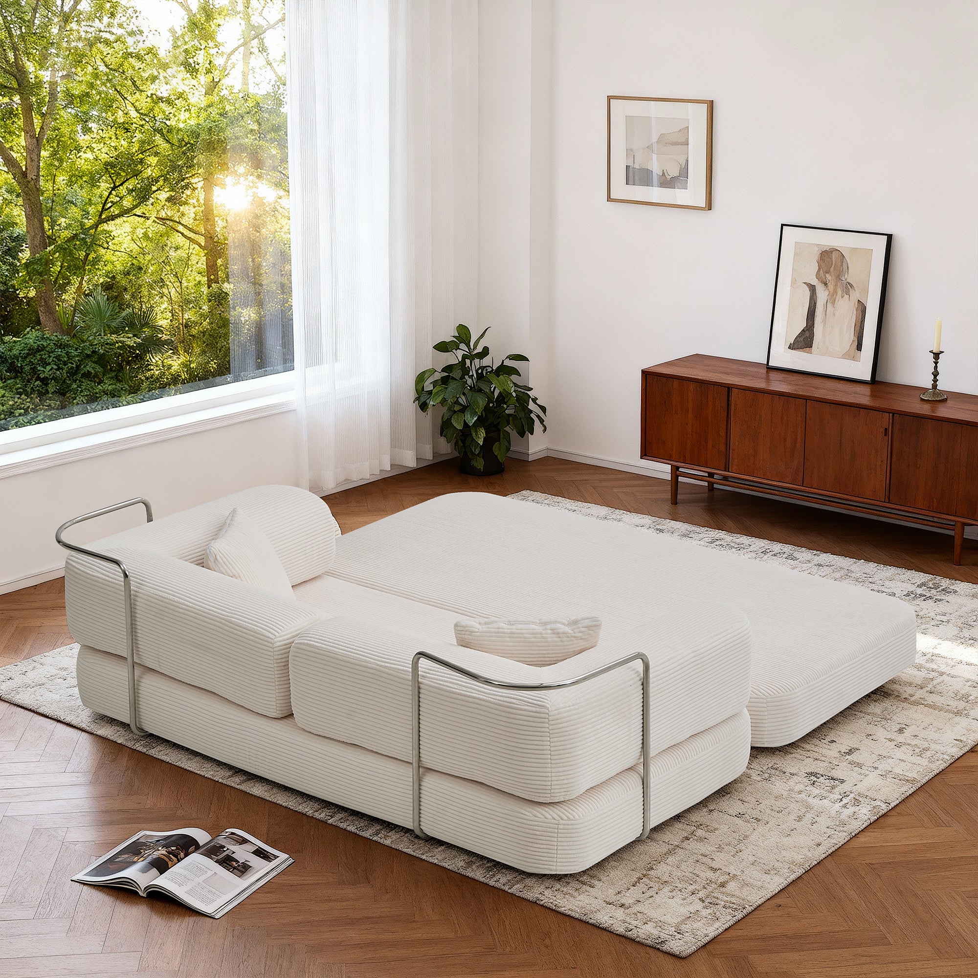 Sofa Floor Low Profile 5-in-1 Corduroy Cream Sleeper with Blanket 74.8 In