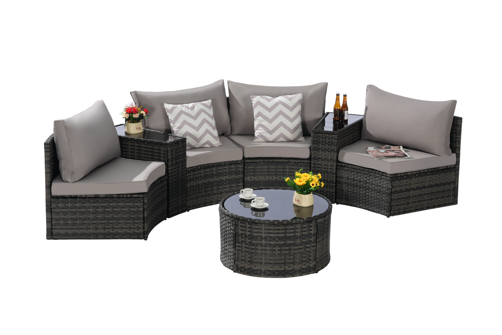 Outdoor Sectional Set PE Rattan Steel Light Gray Half Moon 7 Piece 380 LB