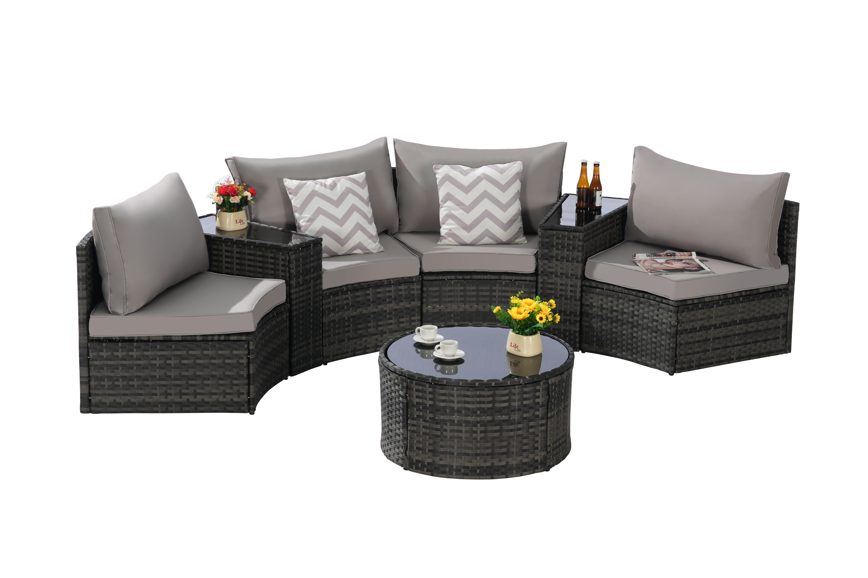 Outdoor Sectional Set PE Rattan Steel Light Gray Half Moon 7 Piece 380 LB