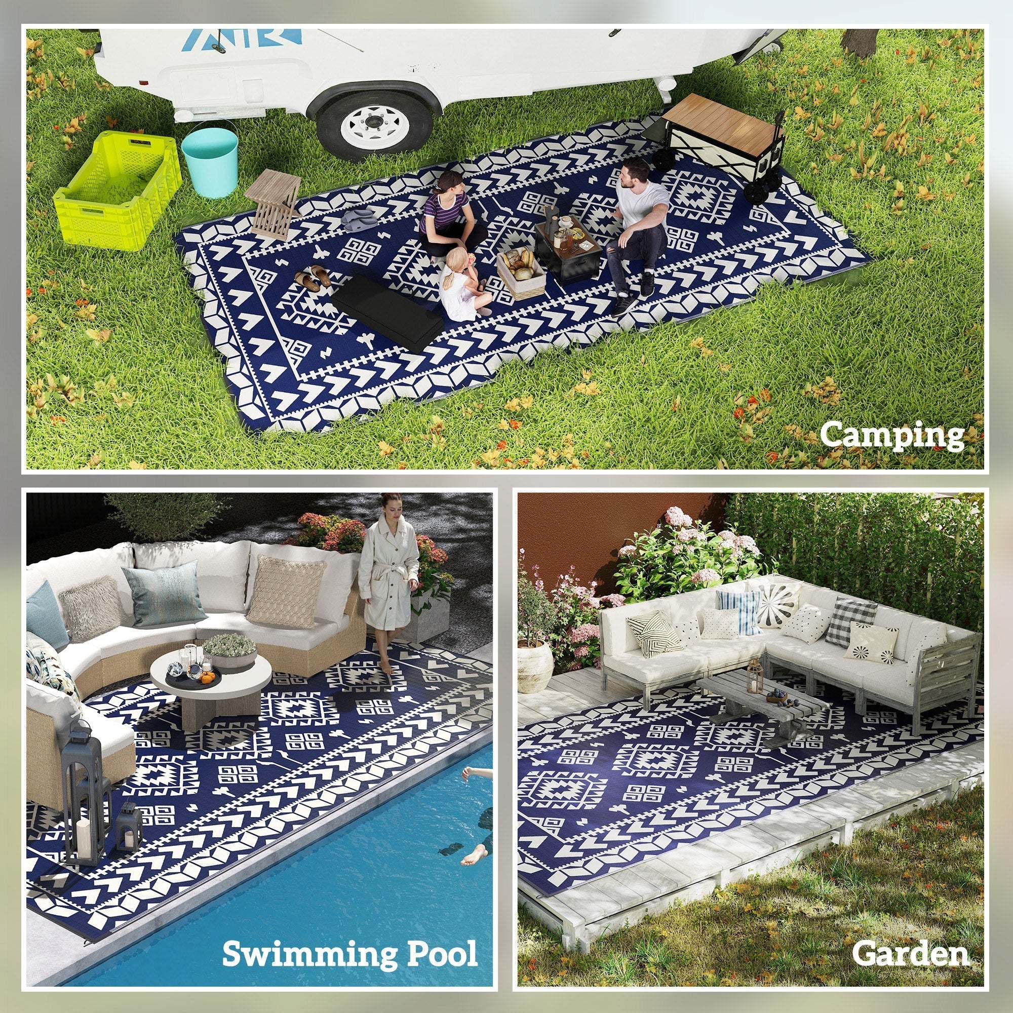 Outdoor Rug Reversible Polypropylene Blue White 9x18ft Portable