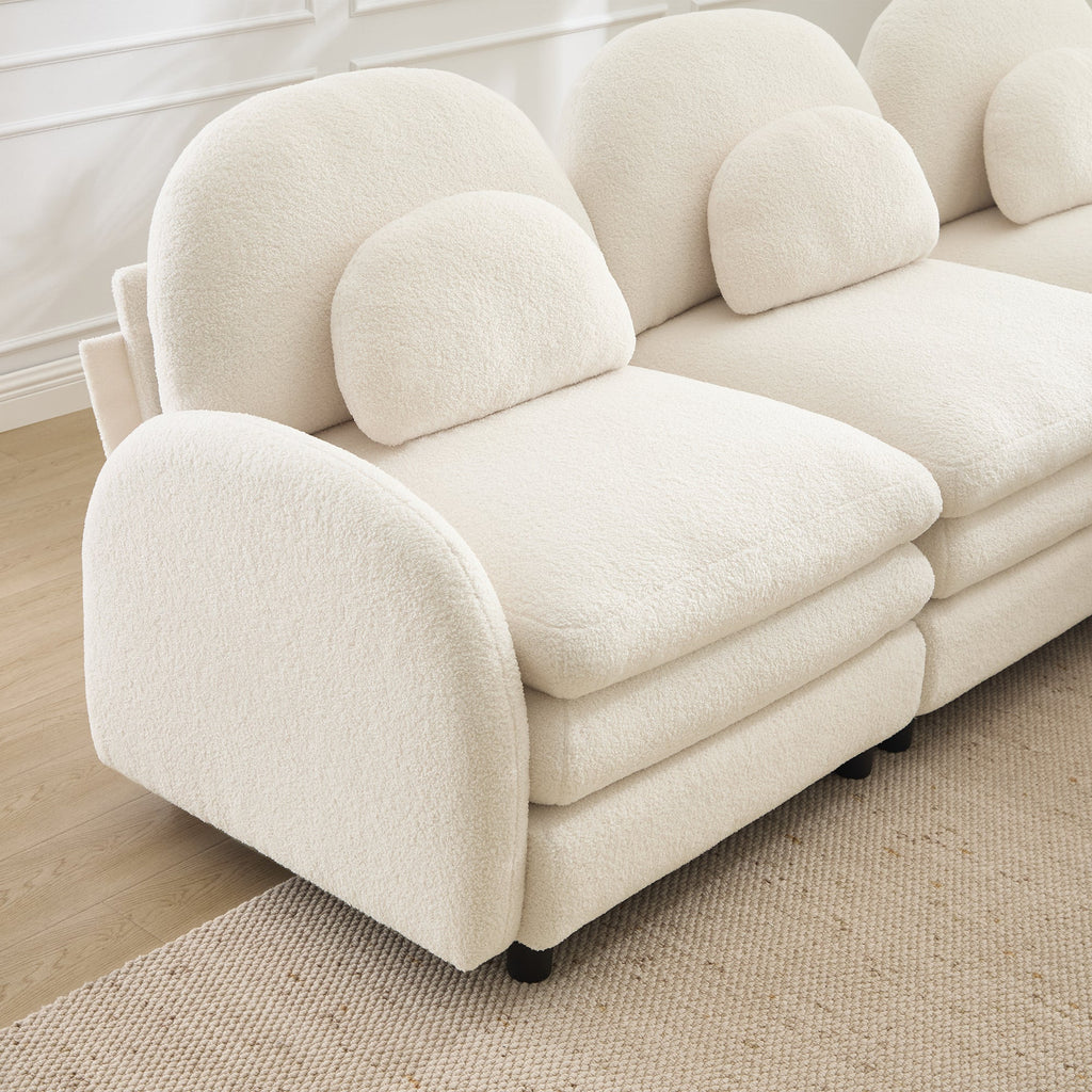 Sectional Sofa Modular Teddy Fleece Beige 4 Seat Curved Back with Ottomans
