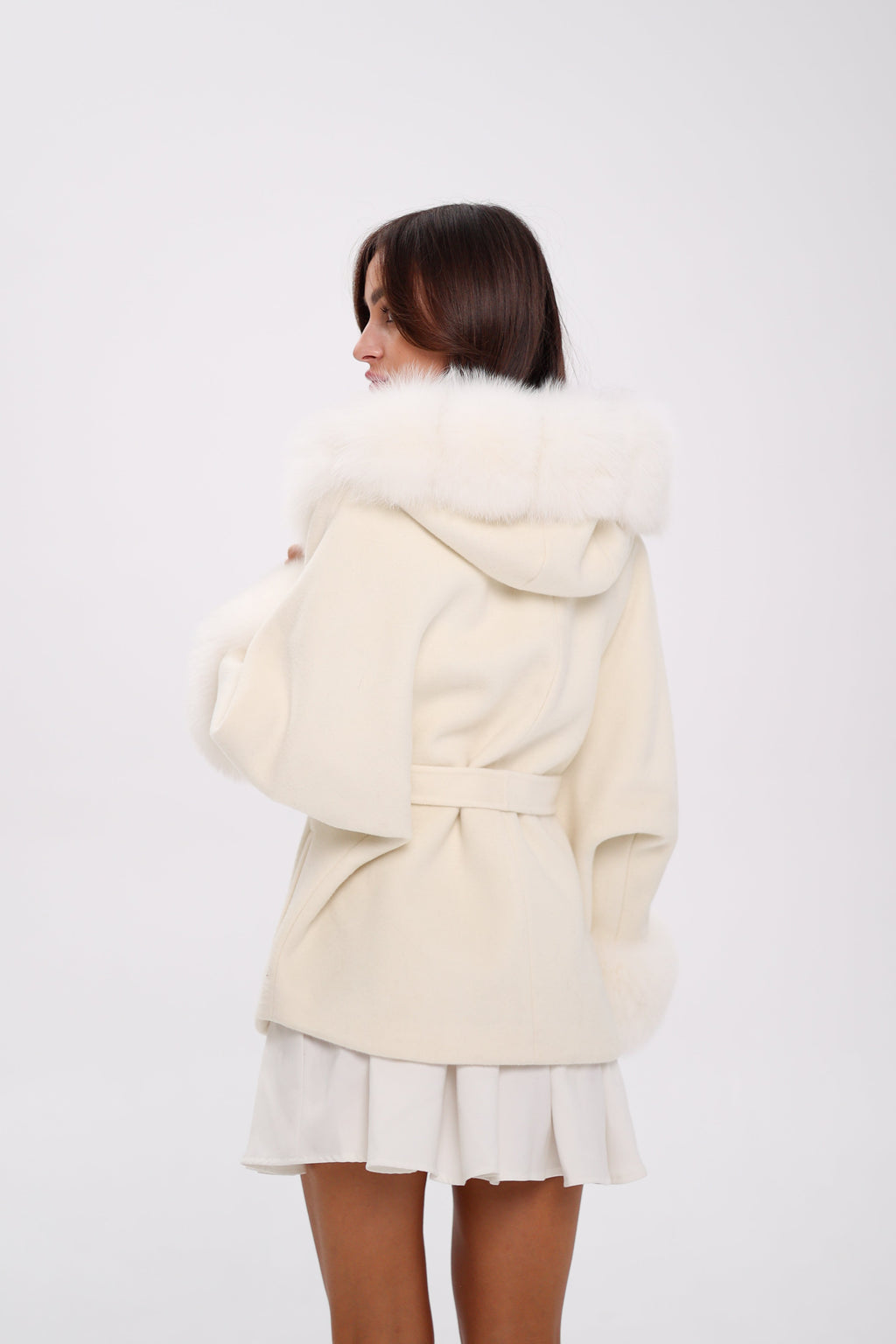 Genuine Polar Fox Fur Wool Hooded Coat