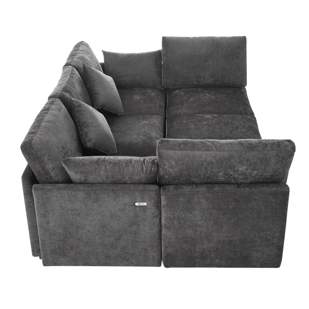 Sectional Sofa U-Shape Modular Chenille Black 5-Seat USB Ports 86.6x61.4 In