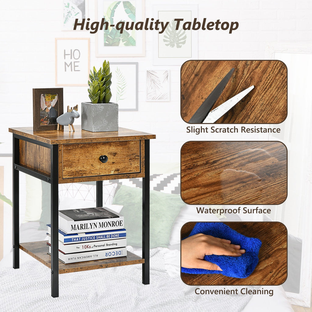 Industrial End Side Table Nightstand with Drawer Shelf
