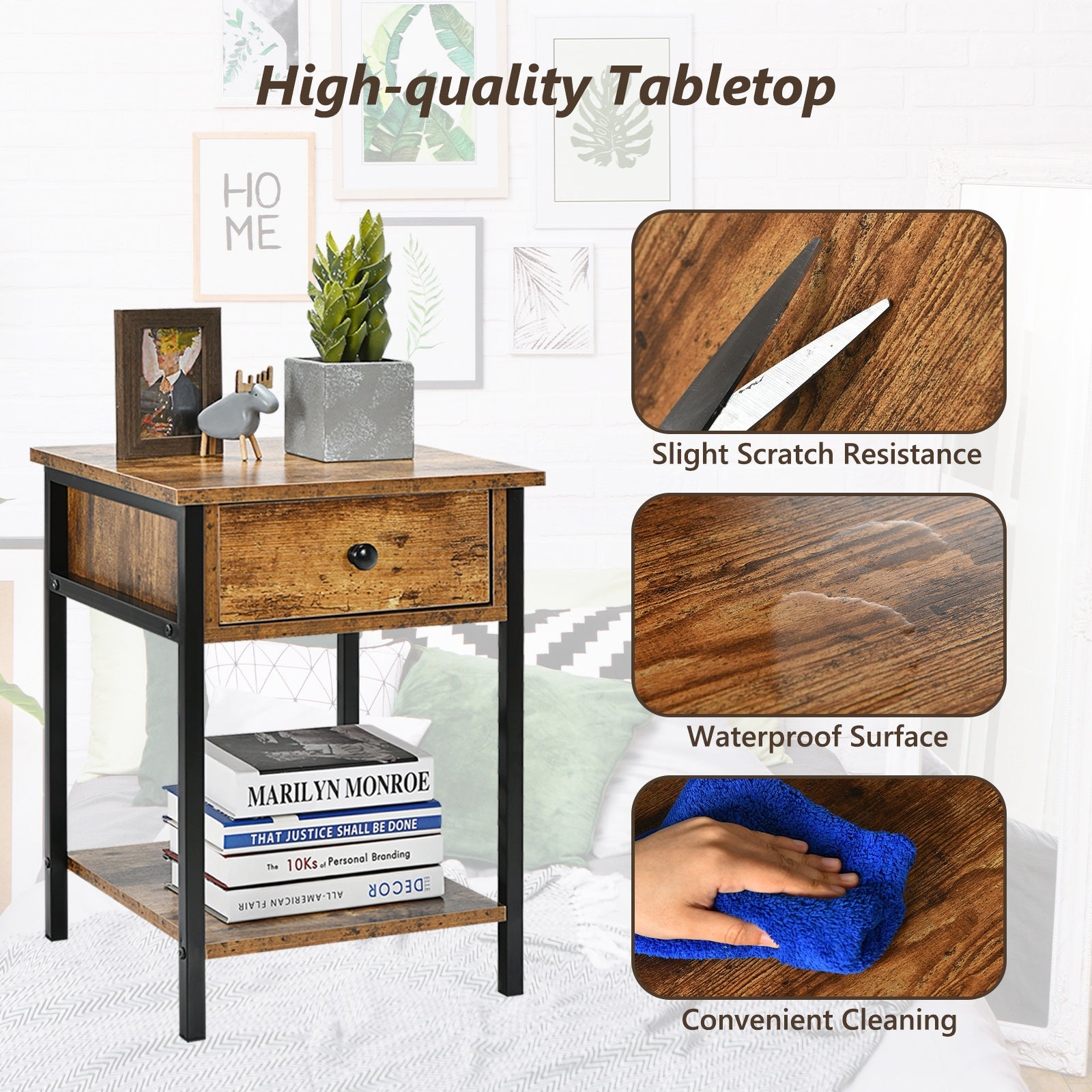 Industrial End Side Table Nightstand with Drawer Shelf
