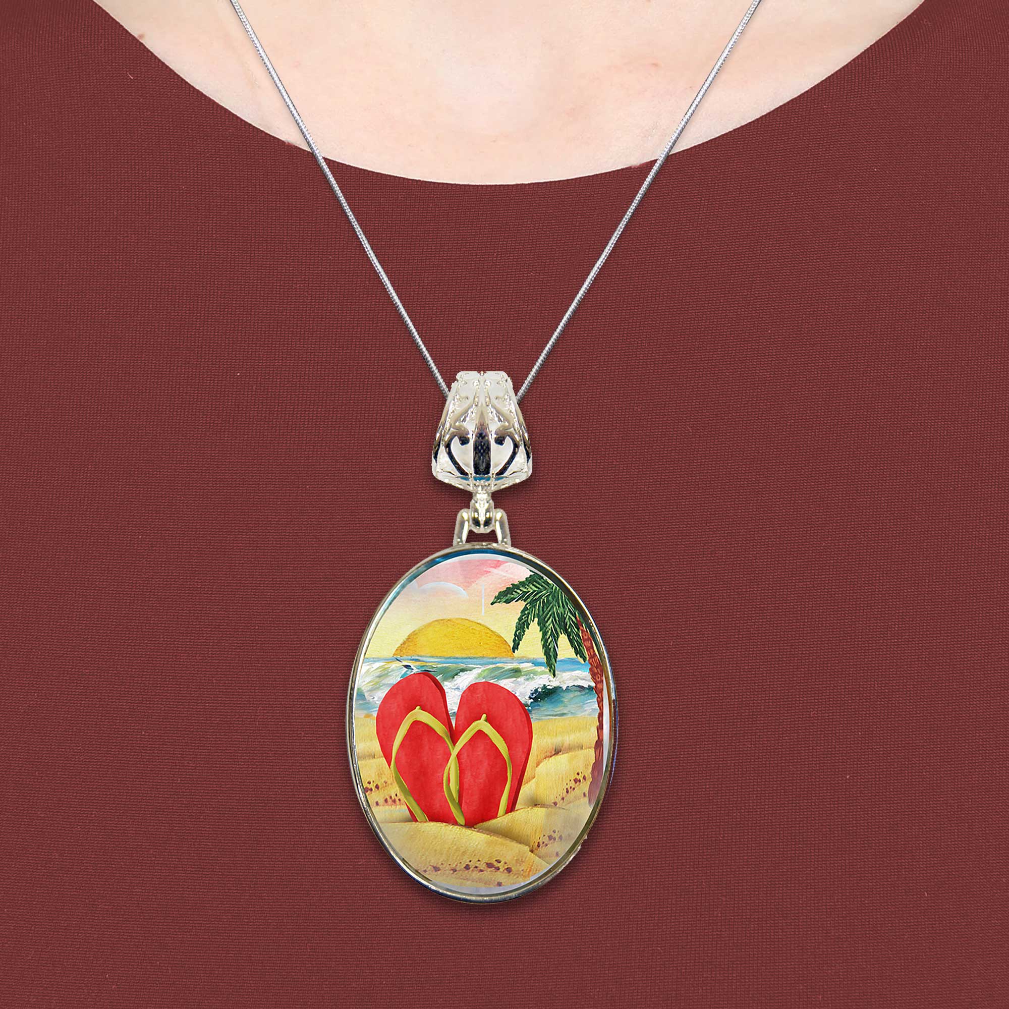 Flip Flops Silver-Plated Mother of Pearl Jewelry Pendant Necklace - 44055