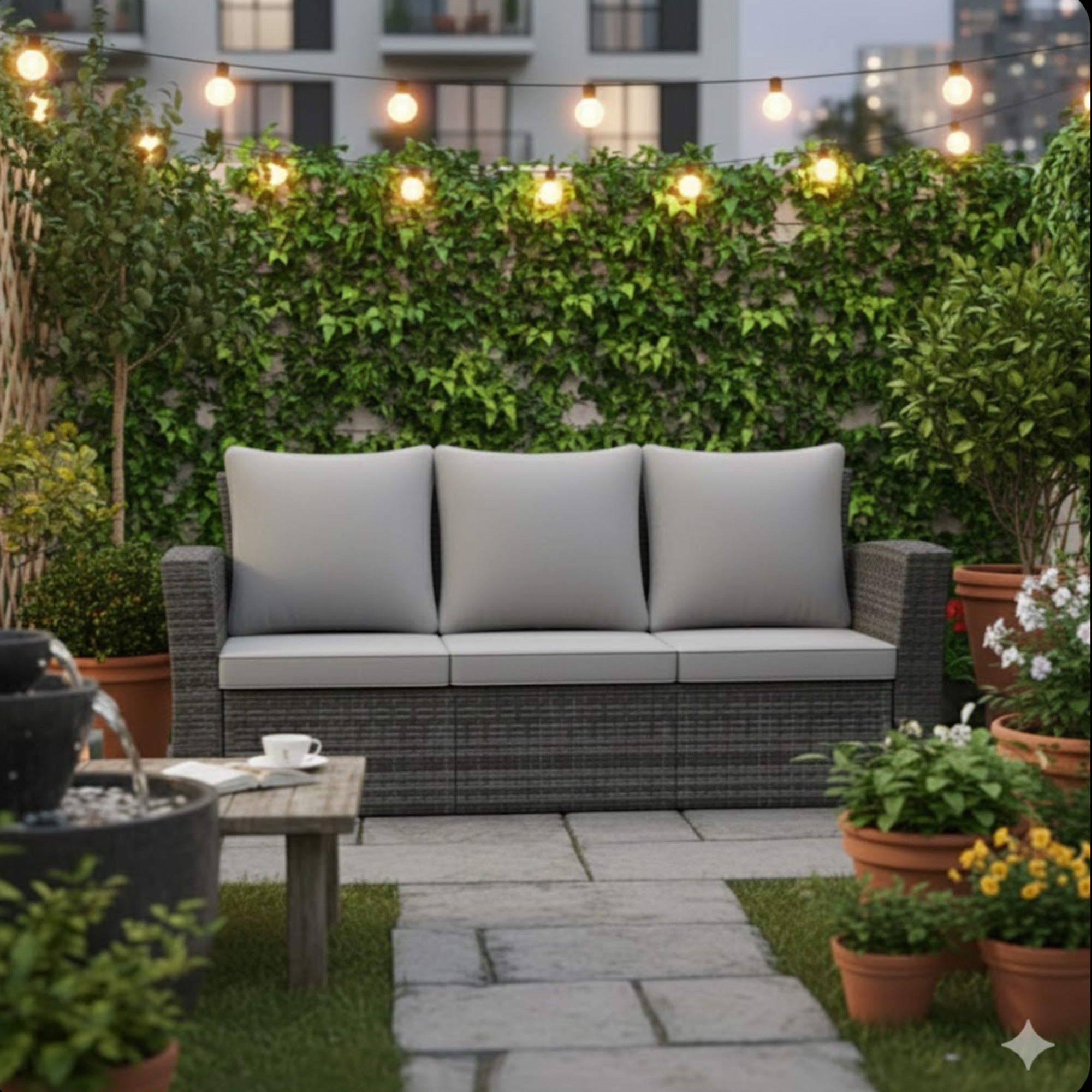 Outdoor Sofa PE Rattan 3 Seat Gray Cushions Black Iron Frame 68in
