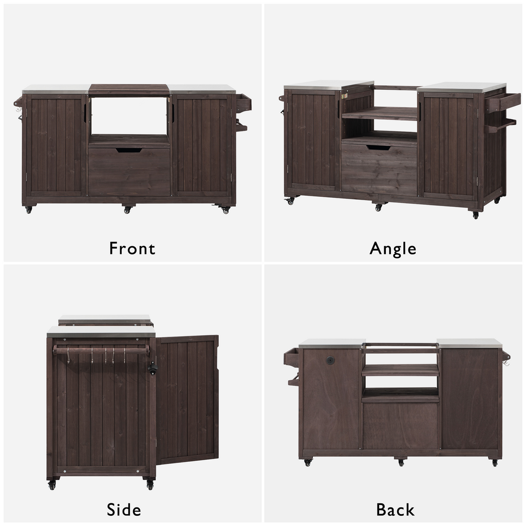Outdoor Kitchen Island Grill Cart Fir Wood Stainless Steel 66.5
