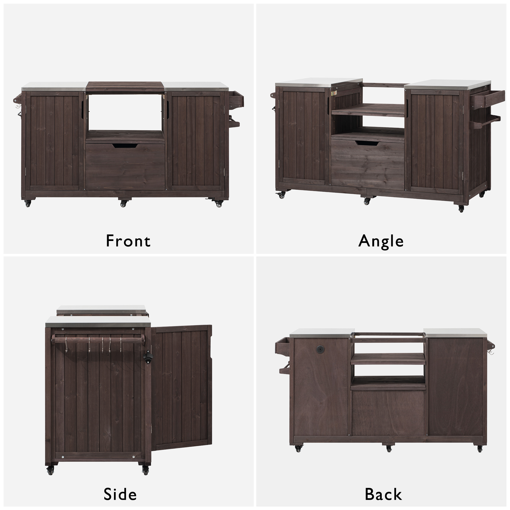 Outdoor Kitchen Island Grill Cart Fir Wood Stainless Steel 66.5
