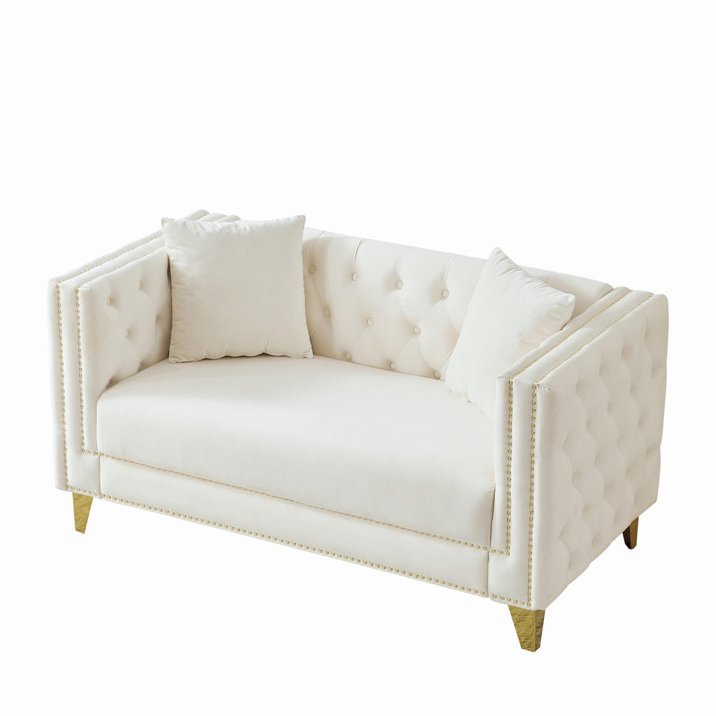 Loveseat Chesterfield Velvet Beige Button Tufted Nailhead Pine Frame 58.6 In