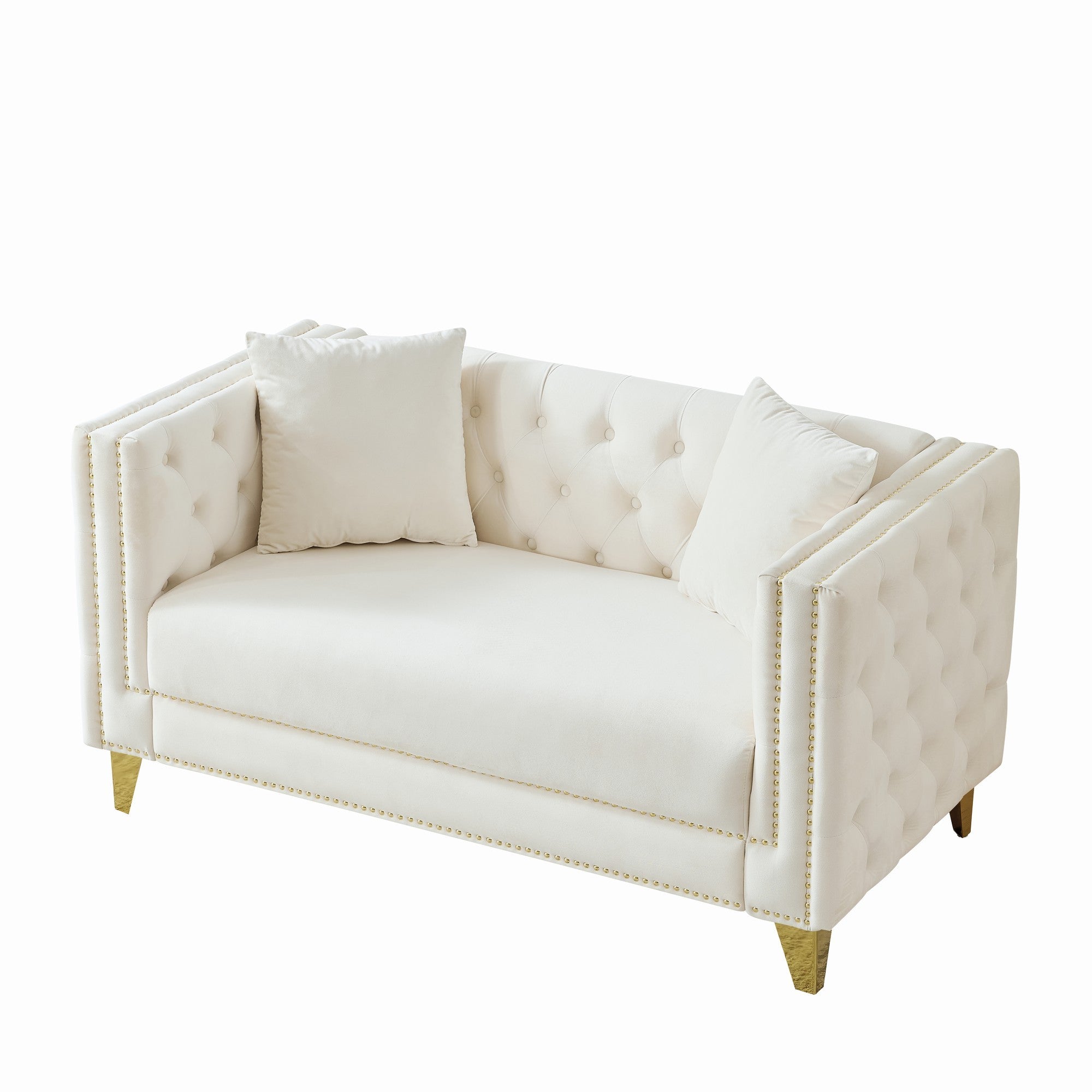 Loveseat Chesterfield Velvet Beige Button Tufted Nailhead Pine Frame 58.6 In
