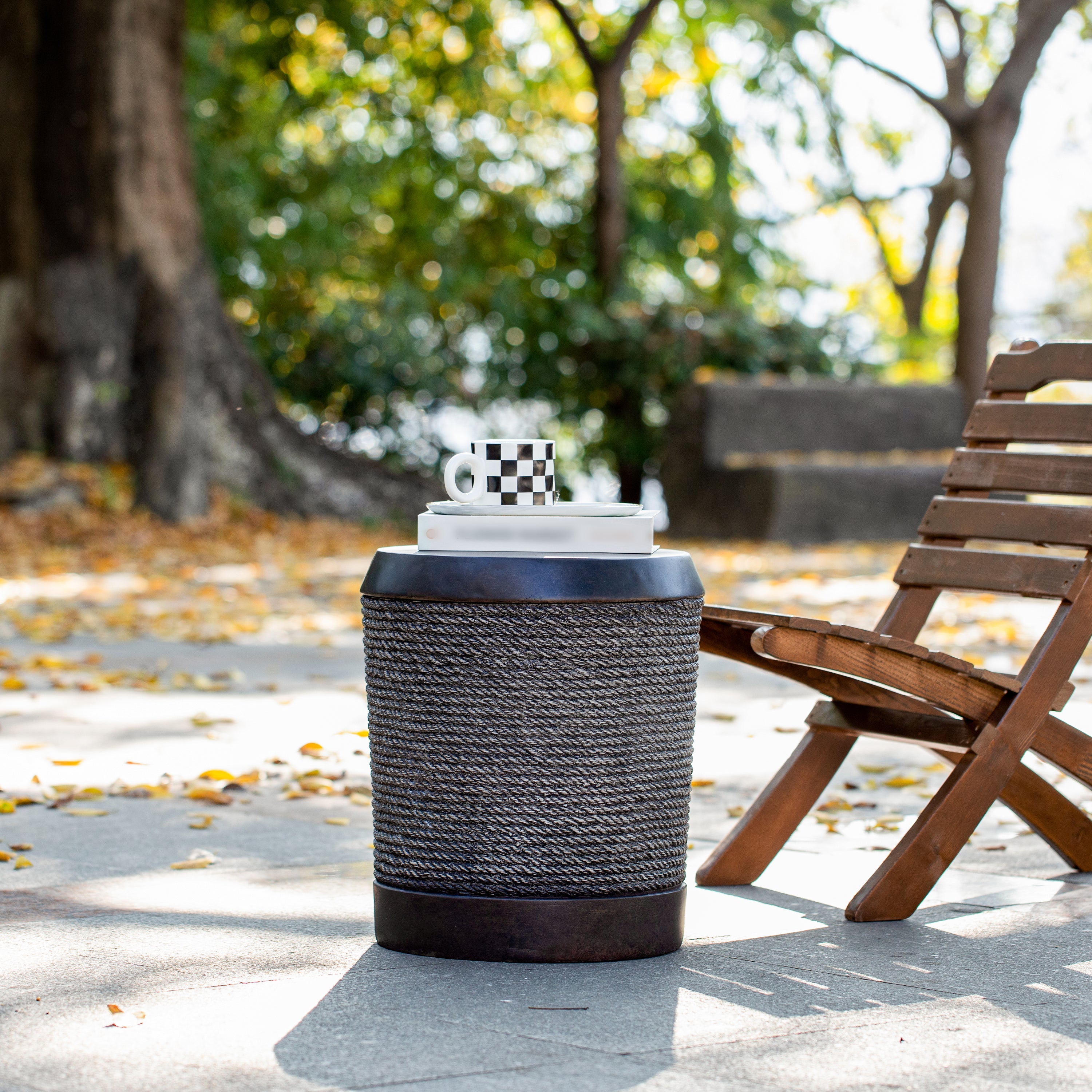 Outdoor Side Table MGO Braided Cord Cylinder Dark Brown 15.75x18in