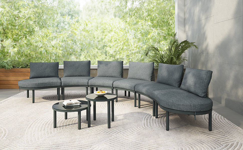 Outdoor Patio Set Half Moon Wicker Aluminum Gray 8 Piece 2 Tables