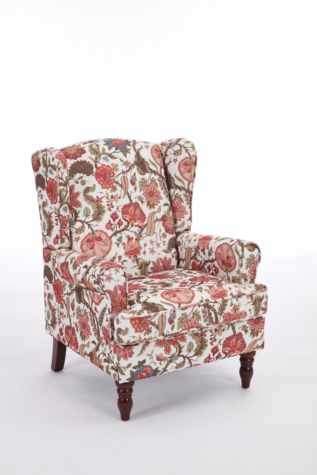 Accent Chair Wingback Linen Floral Red Pine Legs 28x30x38 In