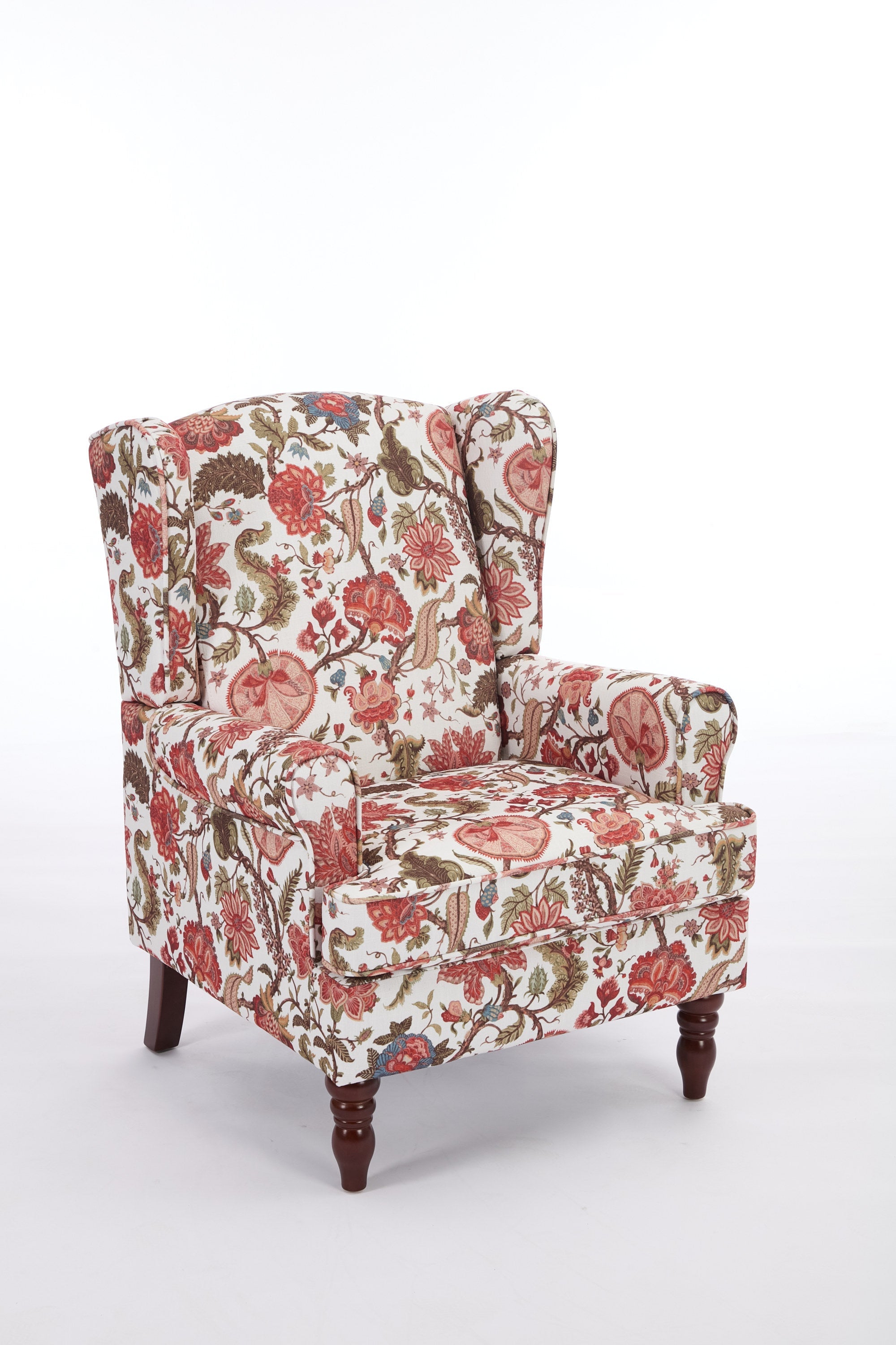 Accent Chair Wingback Linen Floral Red Pine Legs 28x30x38 In