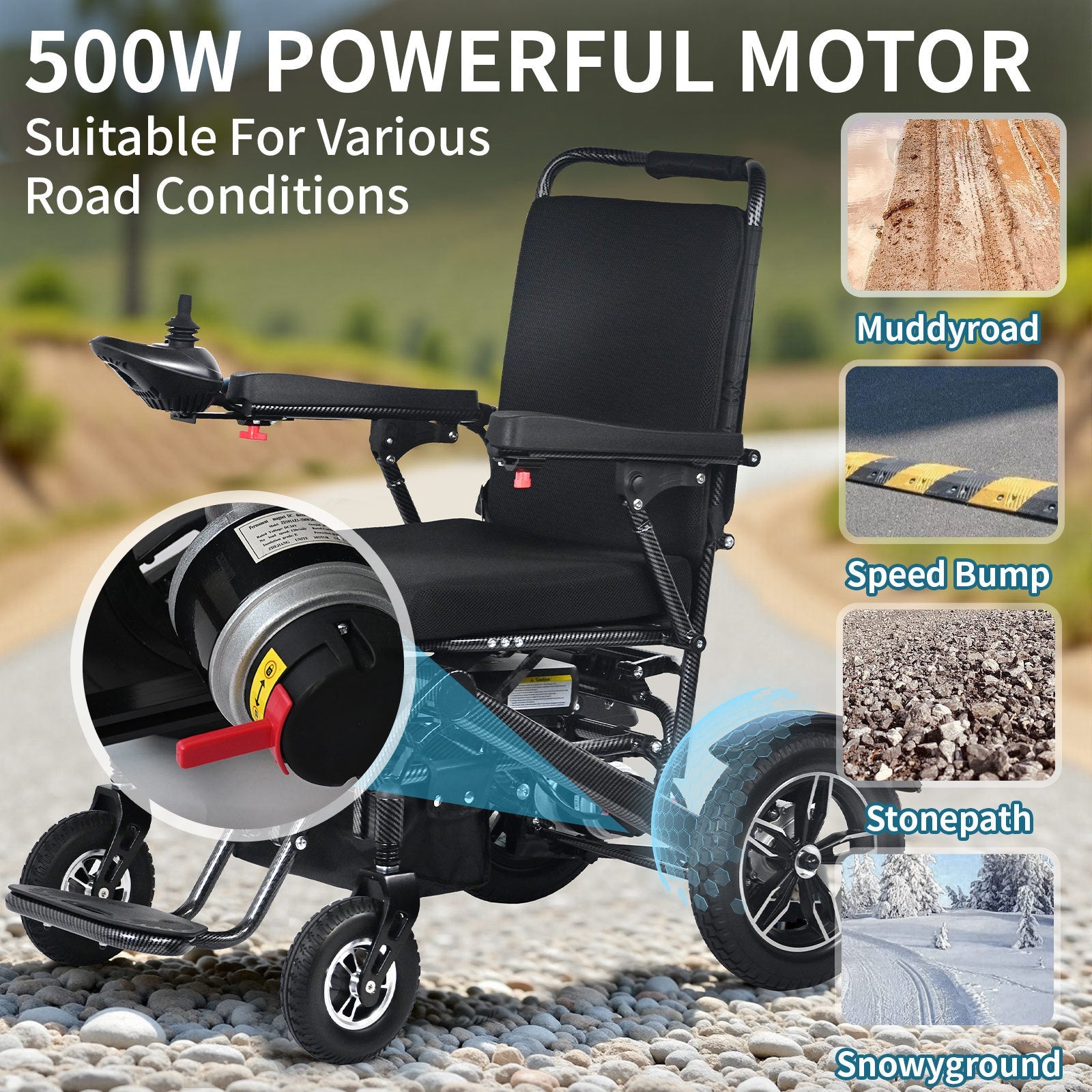 Wheelchair Electric Foldable All Terrain Aluminum 500W Dual Motor 41x24x39 In