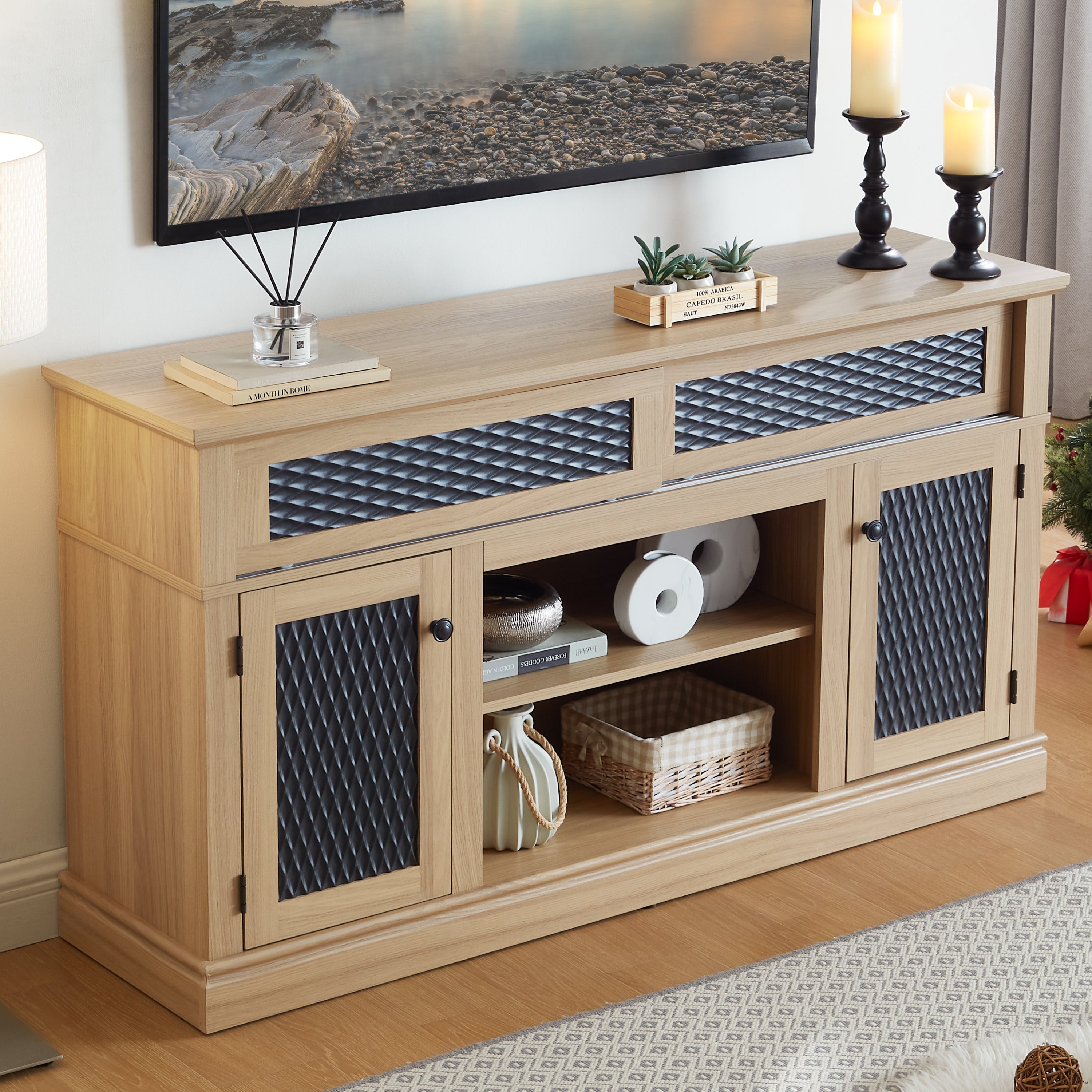 TV Stand Farmhouse Light Oak MDF Embossed Doors 3-Shelf Fits 65 In TV 58.27 In