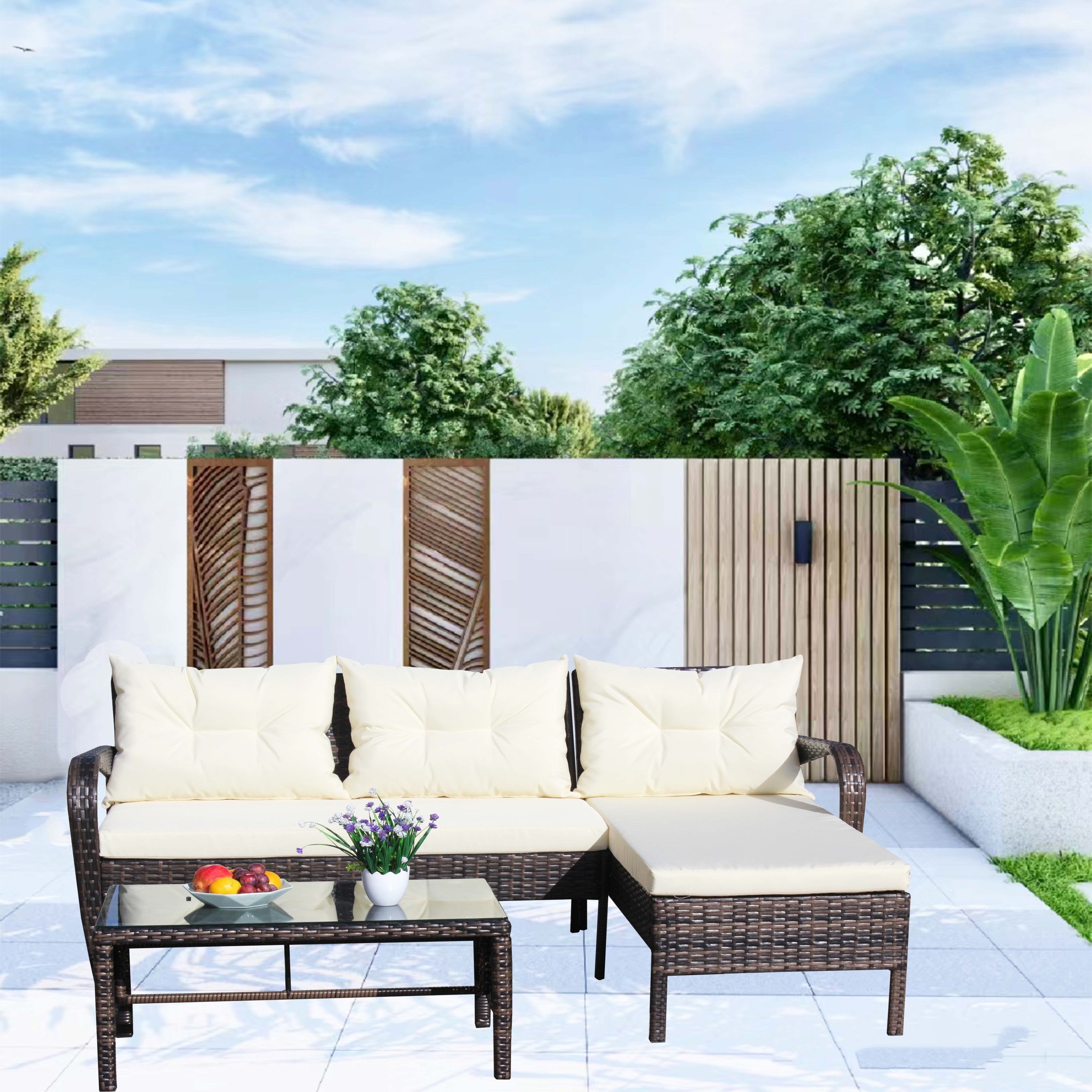Outdoor Sectional Set PE Rattan Steel Brown Beige Cushion 3 Piece 560 LB