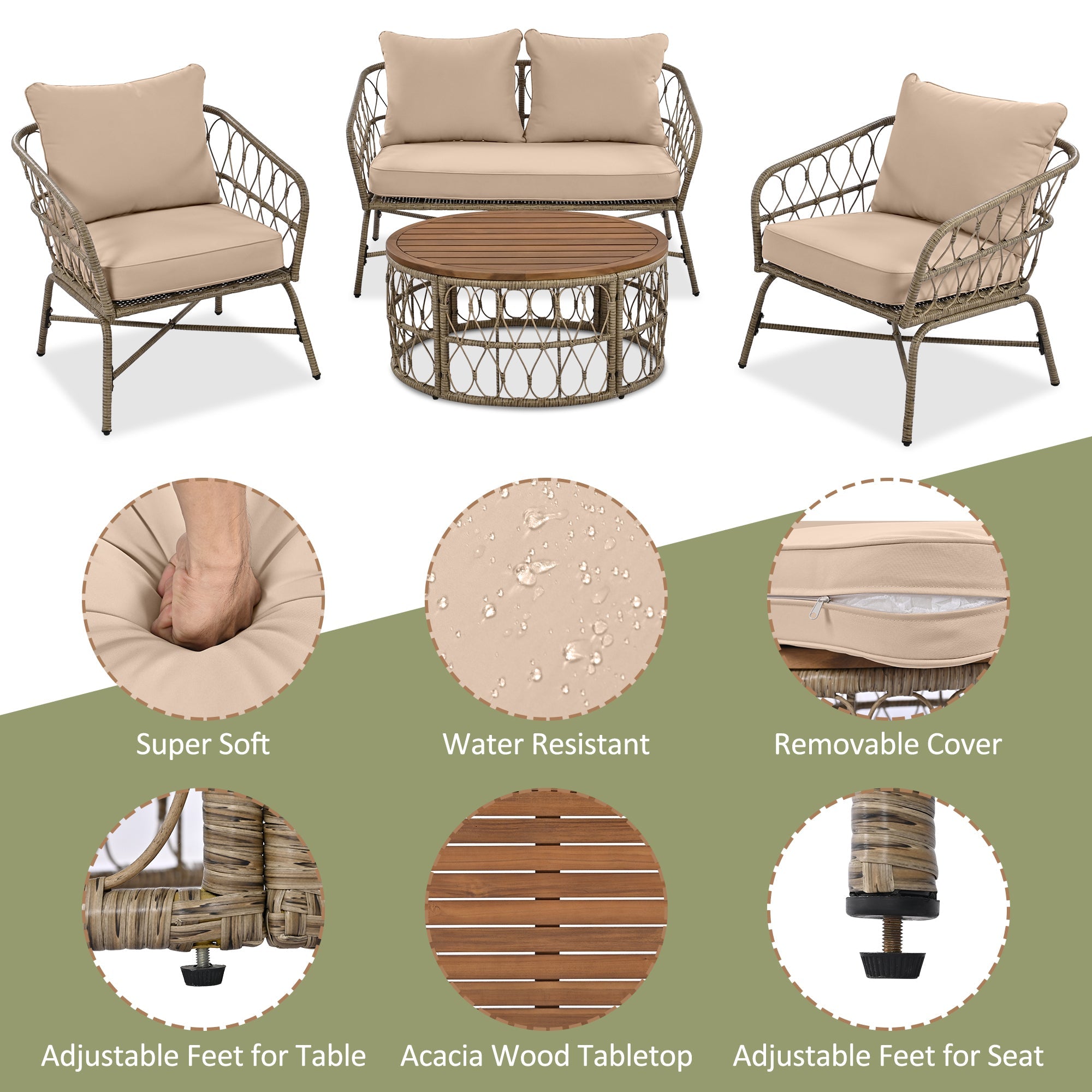 Outdoor Patio Set Wicker Boho Beige Cushion Oval Acacia Table 4 Piece