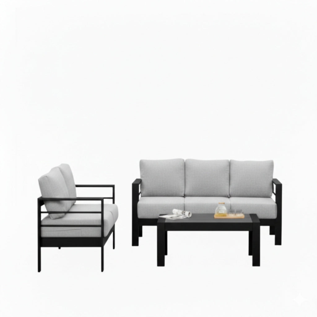 3 Piece Outdoor Patio Set Aluminum Black Gray Cushions