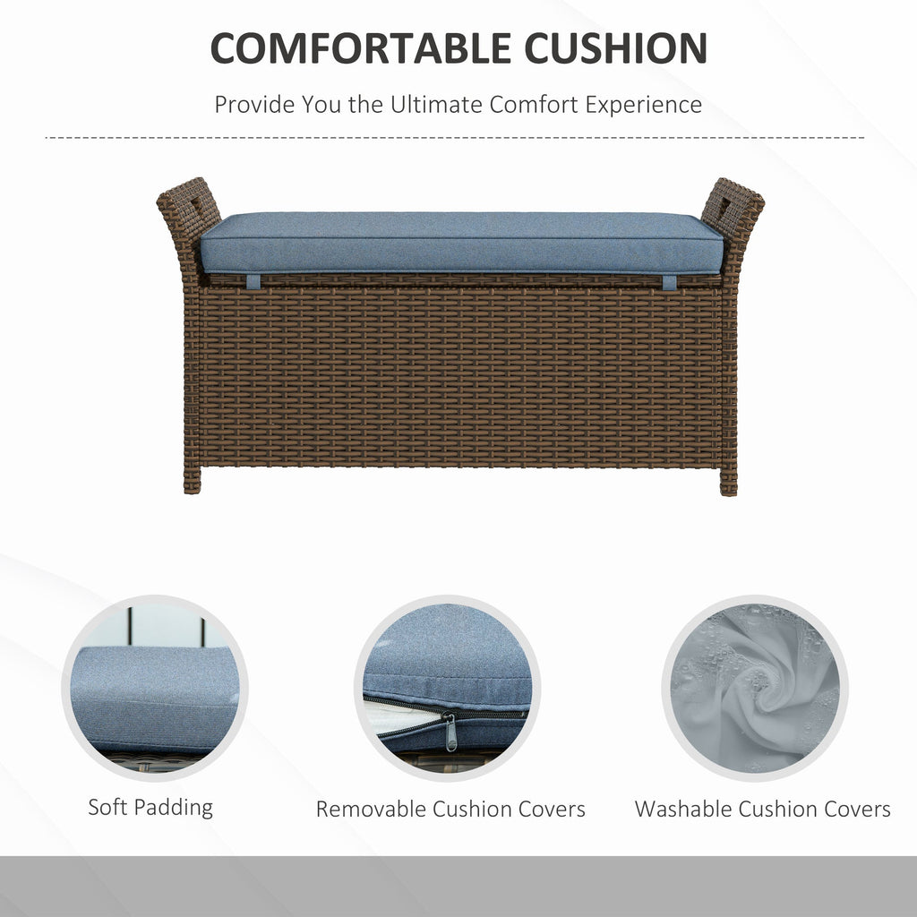 Outdoor Storage Bench PE Rattan Dark Blue 27 Gallon 2 in 1 with Cushion
