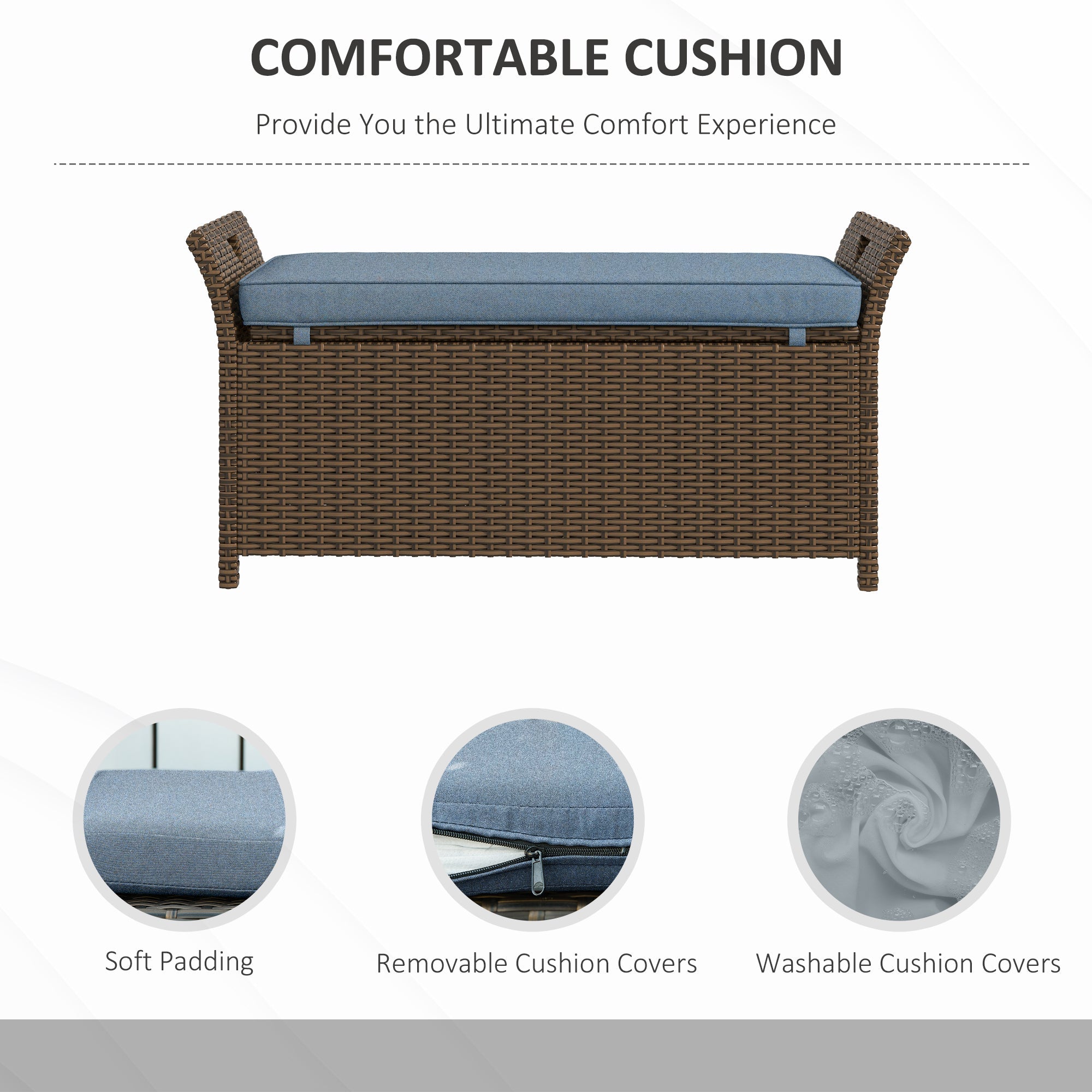 Outdoor Storage Bench PE Rattan Dark Blue 27 Gallon 2 in 1 with Cushion
