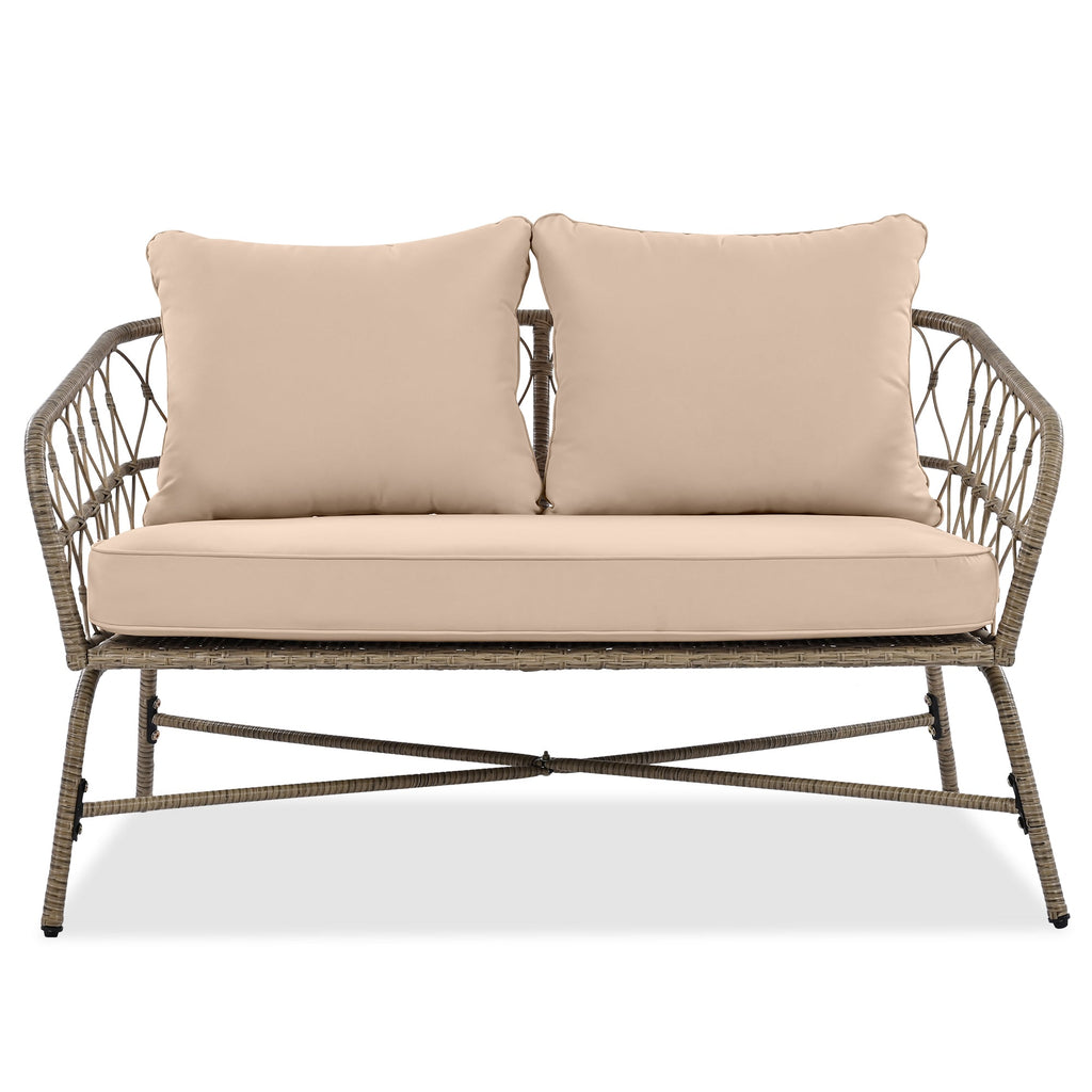 Outdoor Patio Set Wicker Boho Beige Cushion Oval Acacia Table 4 Piece