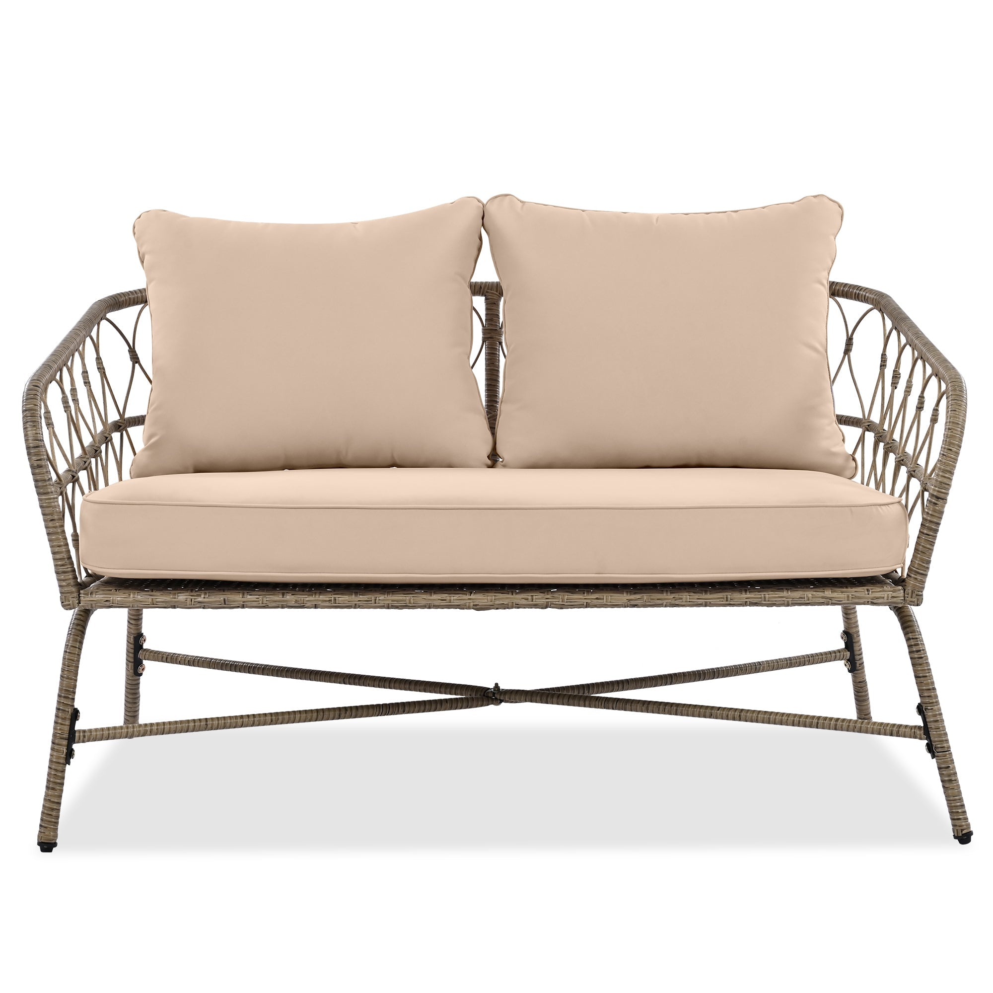 Outdoor Patio Set Wicker Boho Beige Cushion Oval Acacia Table 4 Piece