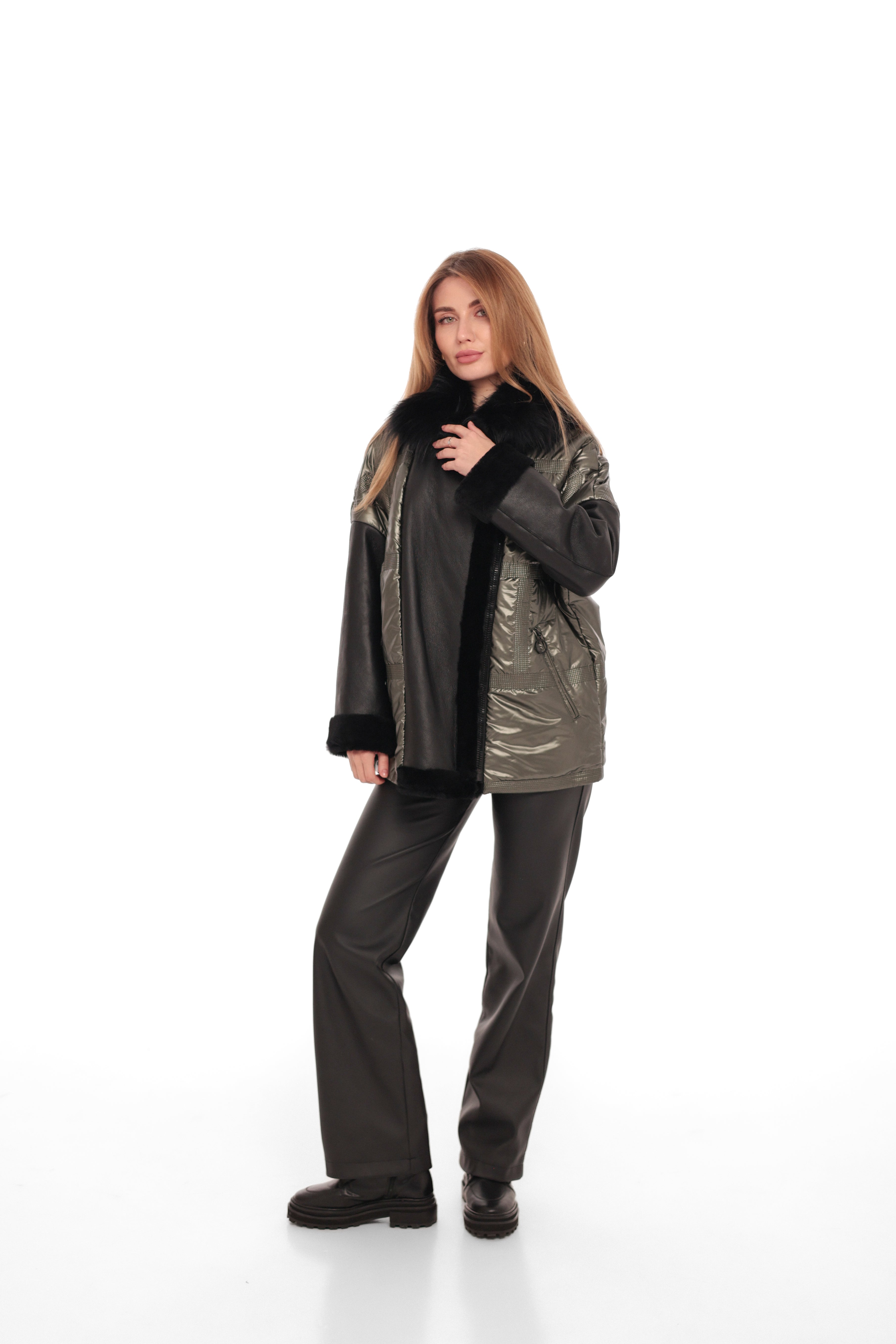 Audrey Genuine Lamb Leather Fox Fur Down Coat in Olive