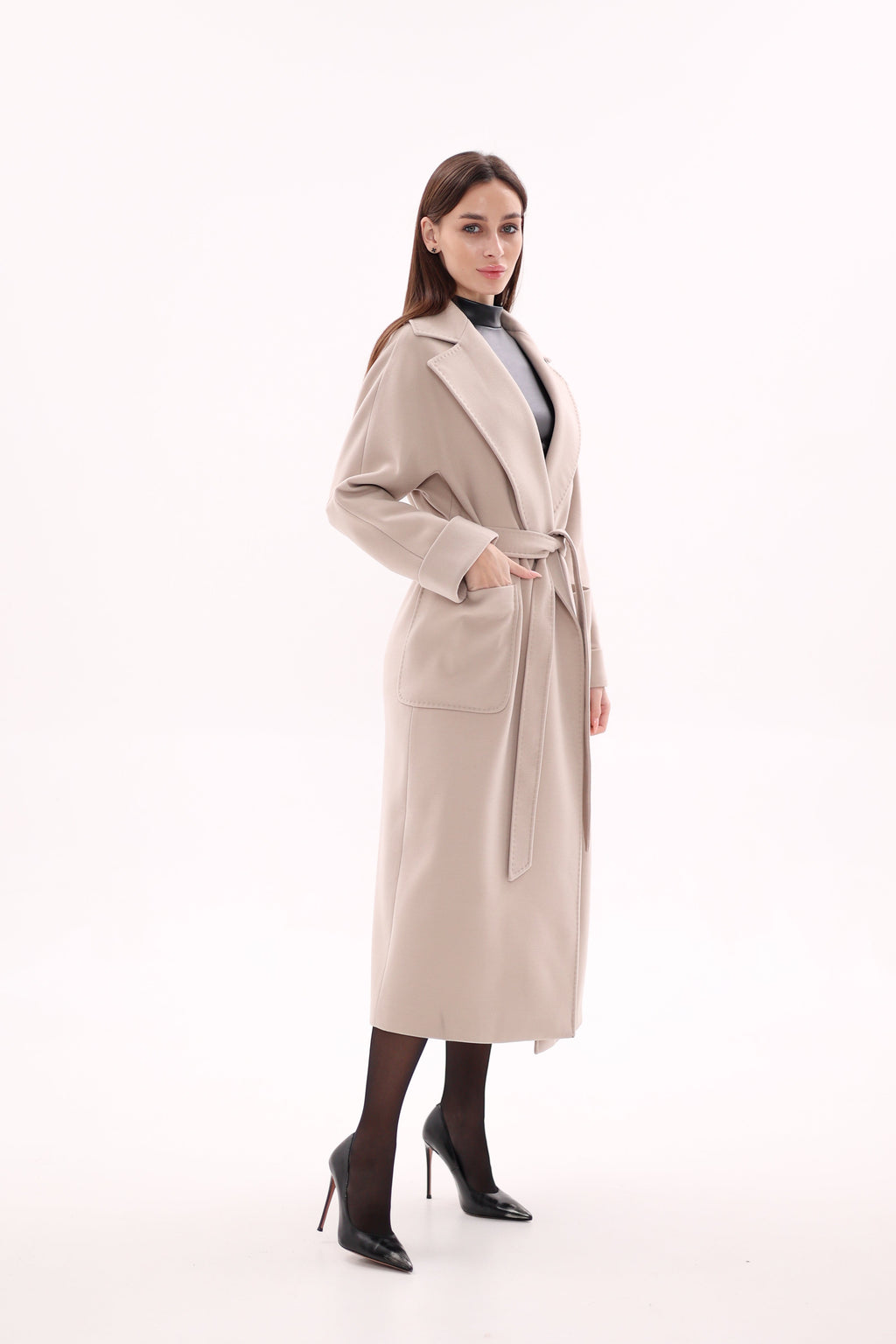 Marley Wraparound Wool Cashmere Coat in Nude