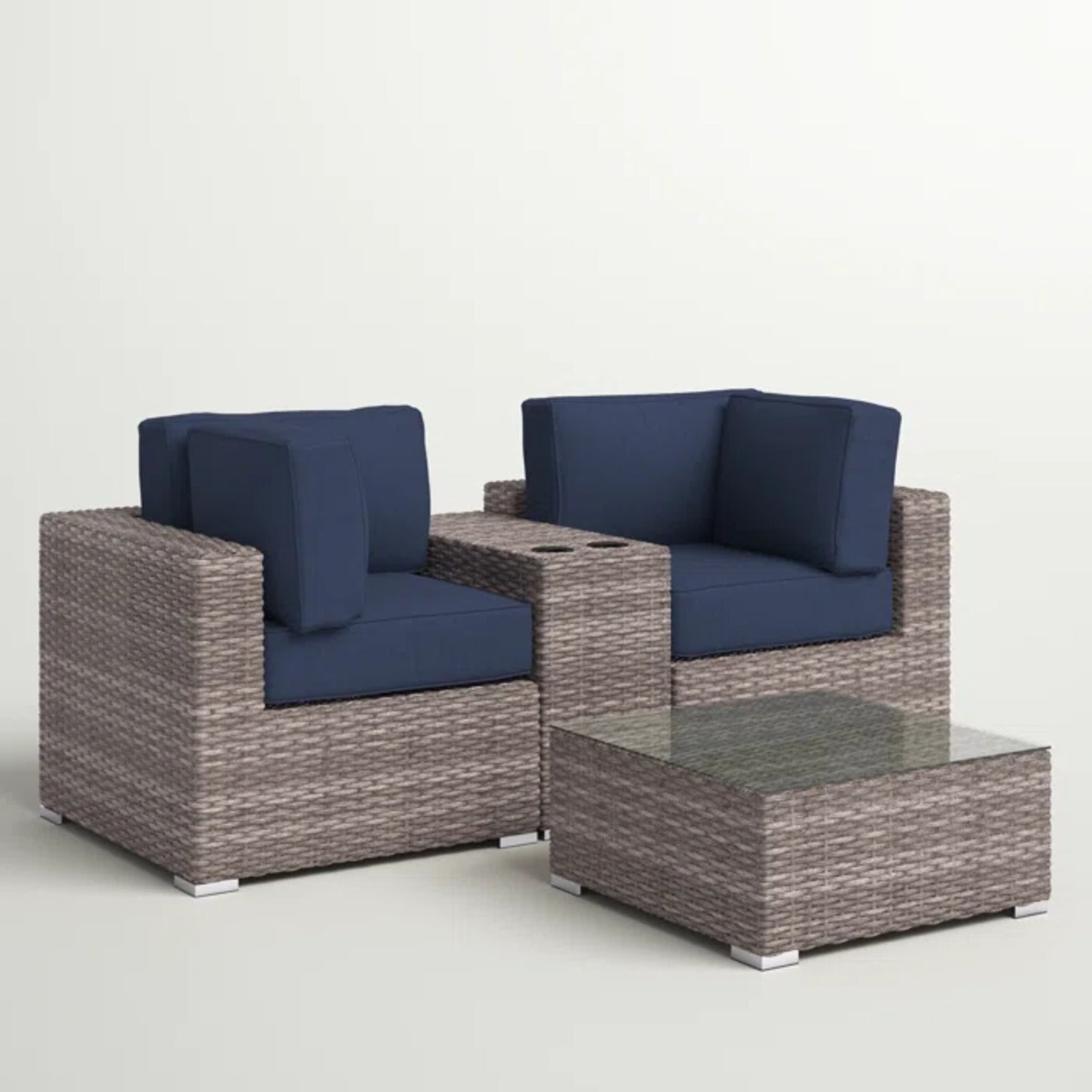 Outdoor Loveseat Set 2-Seat Wicker Gray Cupholder