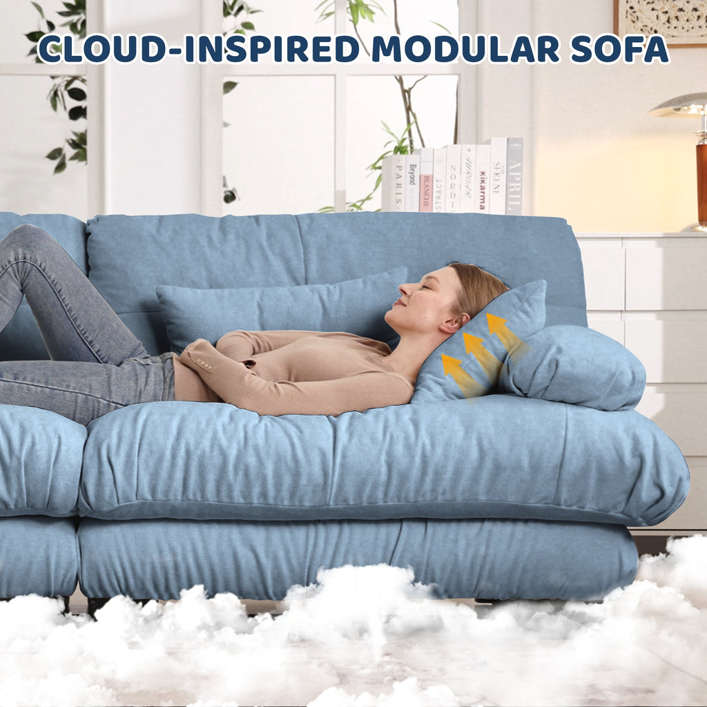 Sectional Sofa Cloud Chenille Blue 2 Seat Convertible Ottoman