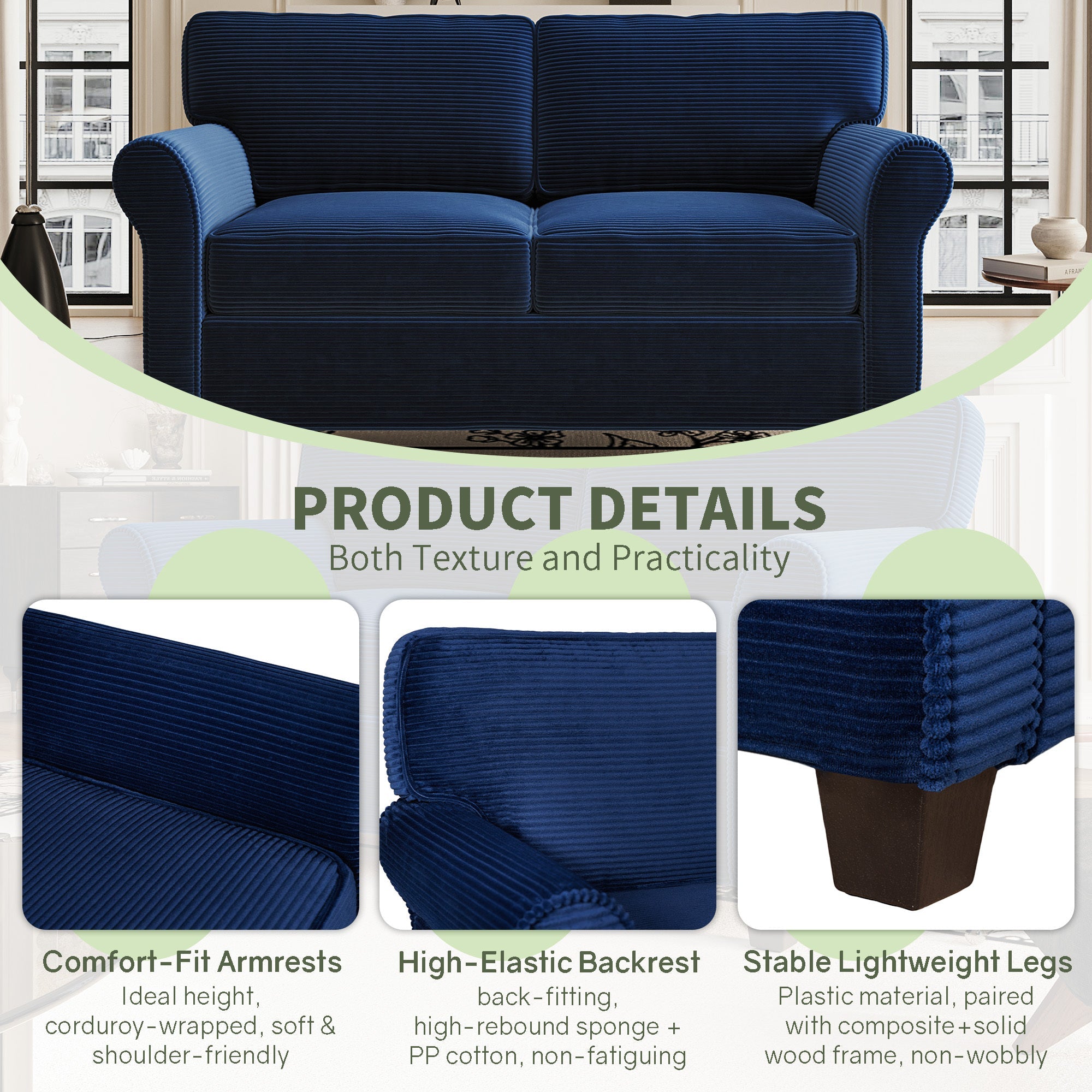 Loveseat Modern Corduroy Blue Removable Cushions Padded Arms 57 In 375 LB
