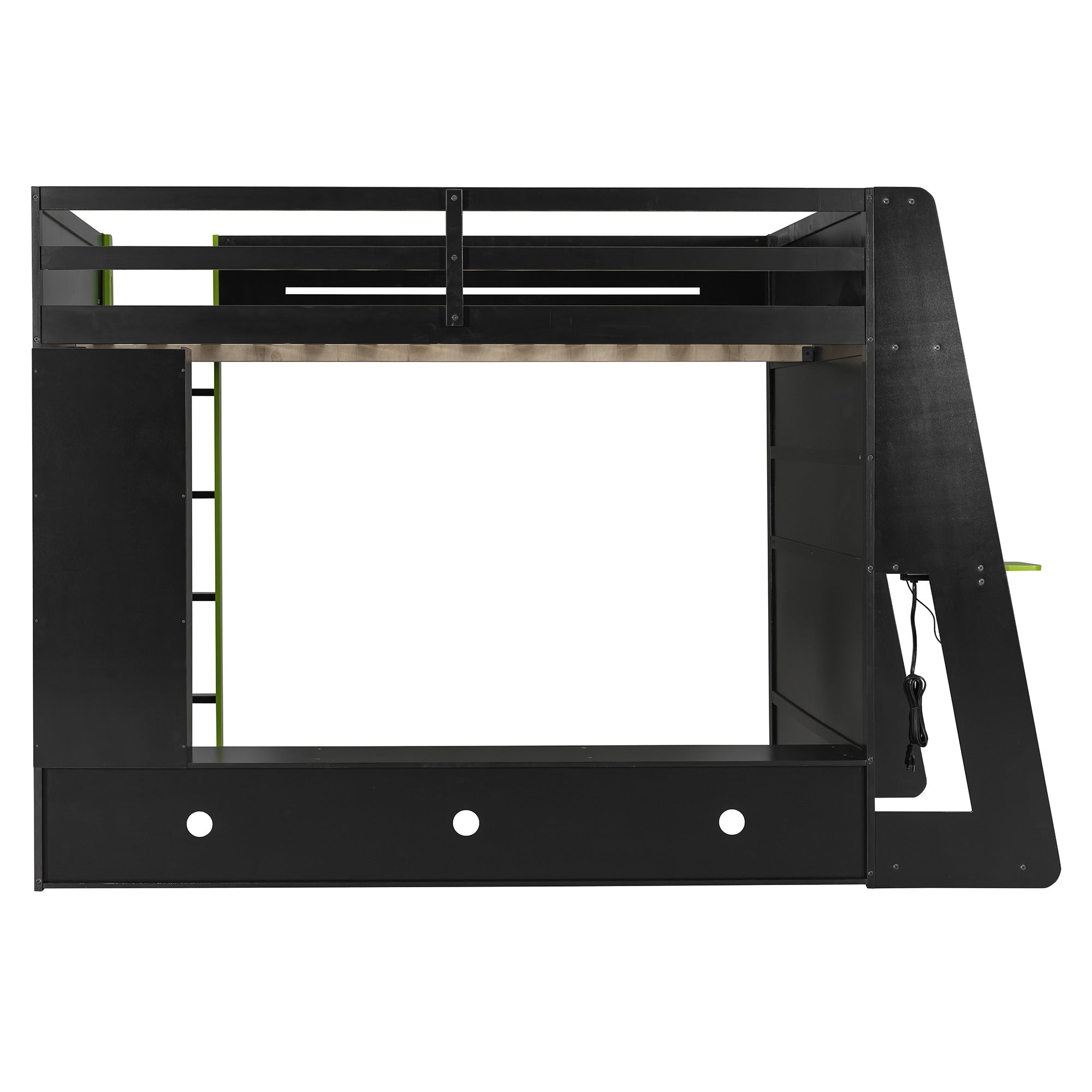 Full Size Wood Loft Bed with Desk, Multi-storage Shelves and RGB Light, Green