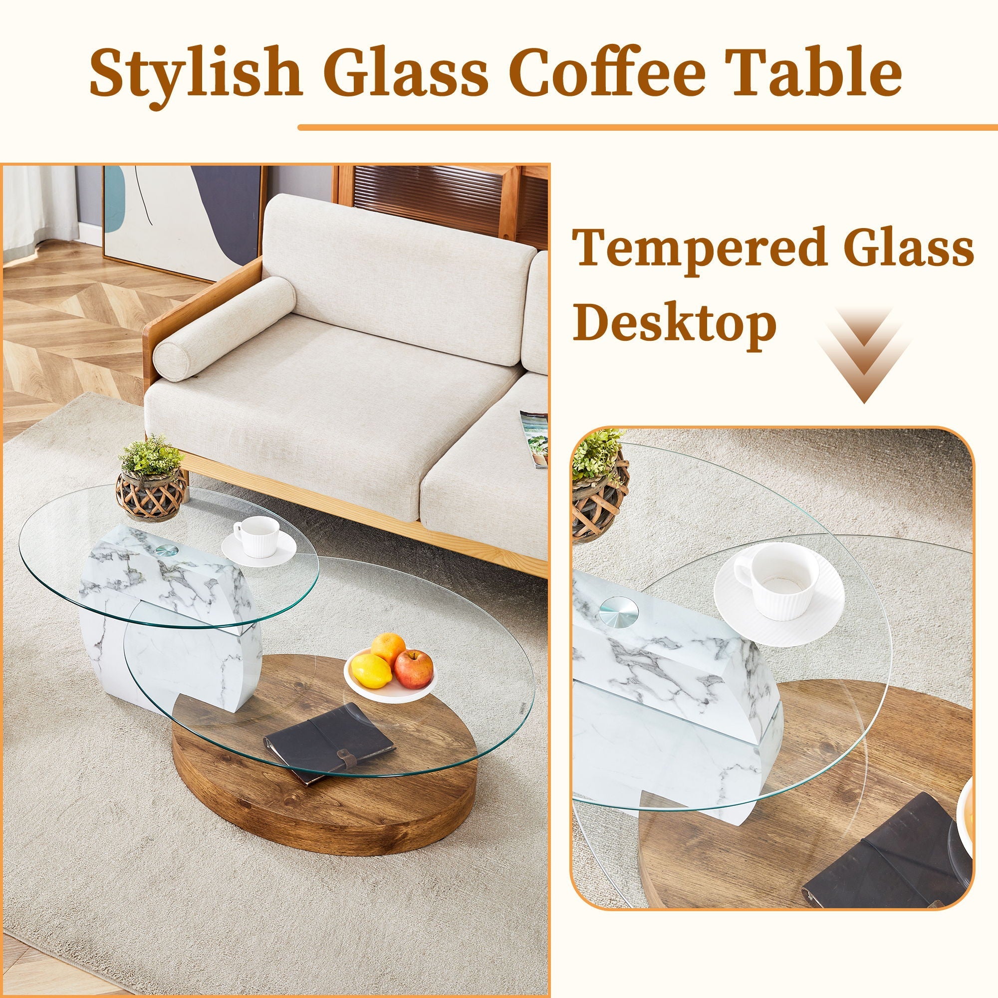 Contemporary Artistic Double Layer Coffee Table, Tempered Glass Top