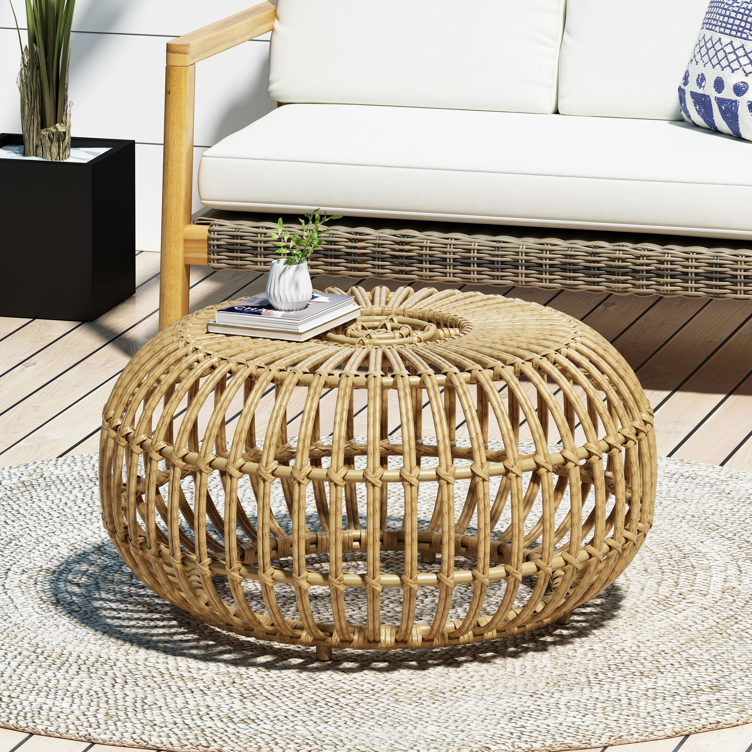 OTTAWA Coffee Table-Bohemian Faux Rattan Weave Accent Table for Indoor Outdoor