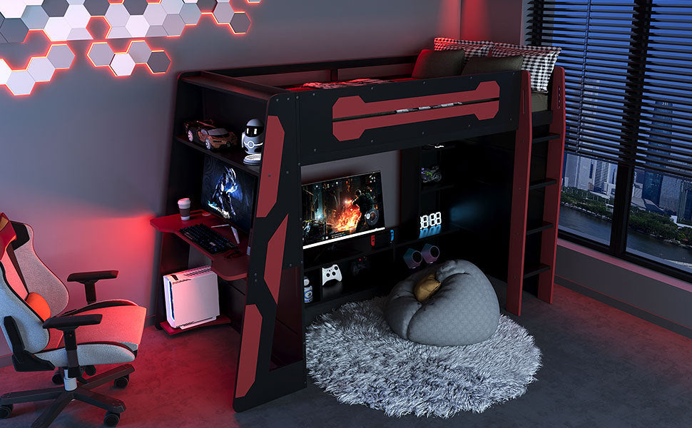 Twin Size Wood Loft Bed with Desk, Multi-storage Shelves and RGB Light, Red