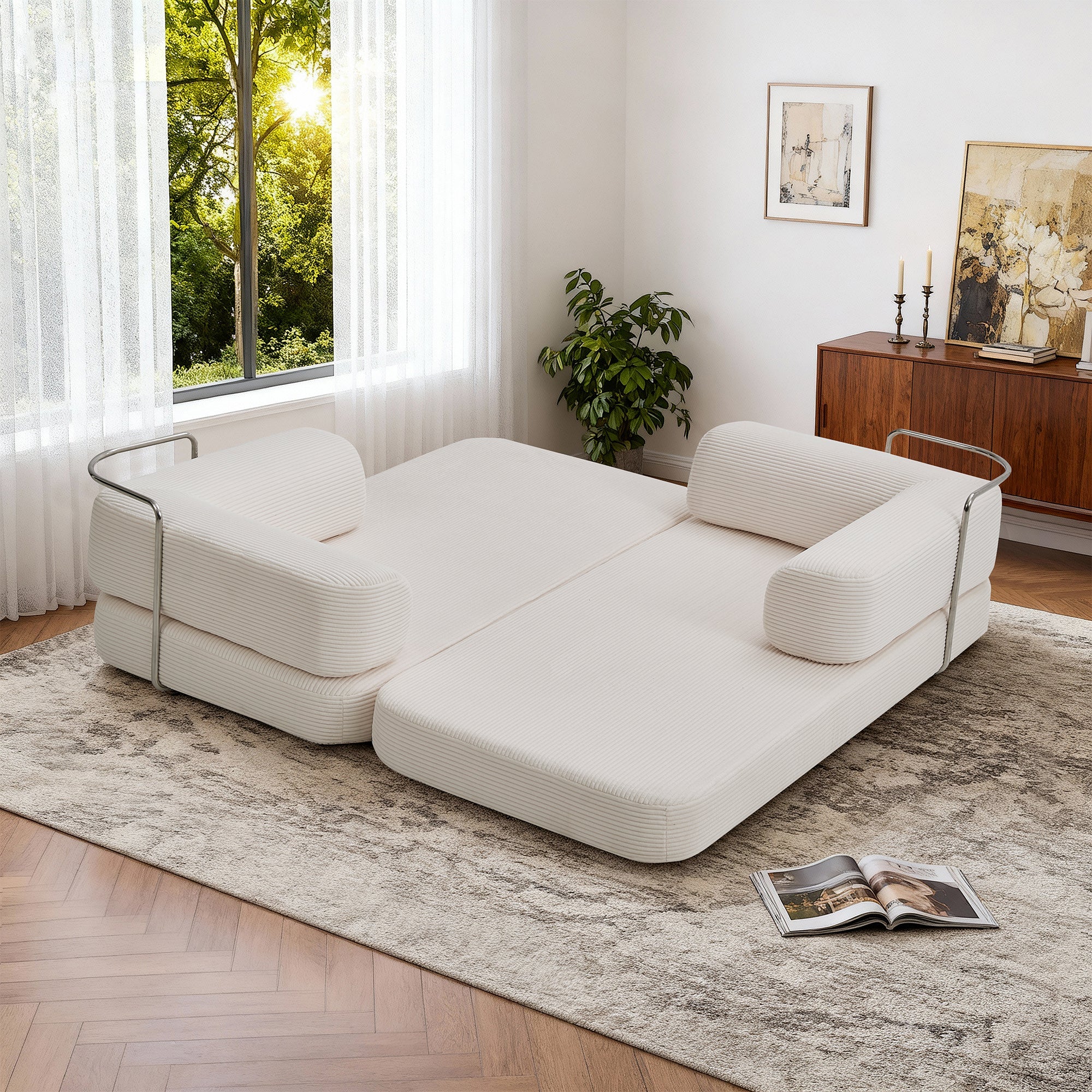 Sofa Floor Low Profile 5-in-1 Corduroy Cream Sleeper with Blanket 74.8 In